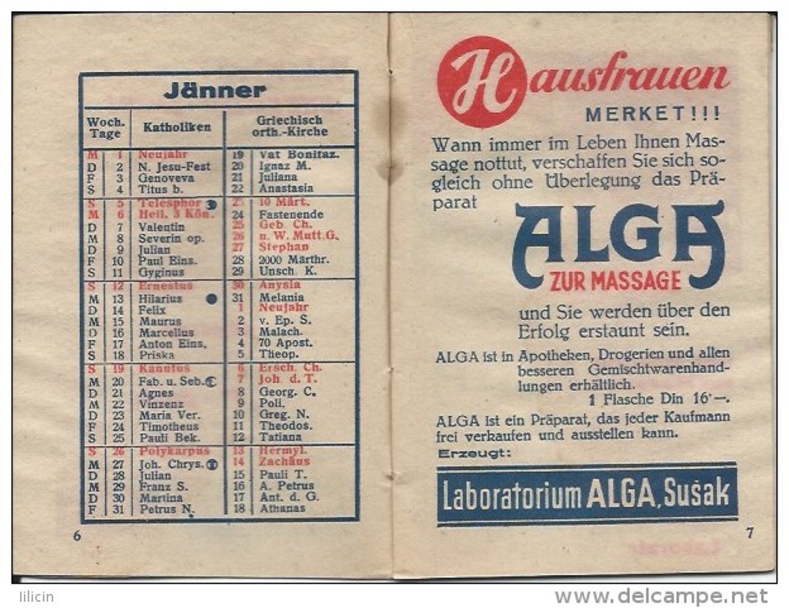 Calendar KA000020 - Alga Susak 1941 - Tamaño Pequeño : 1941-60