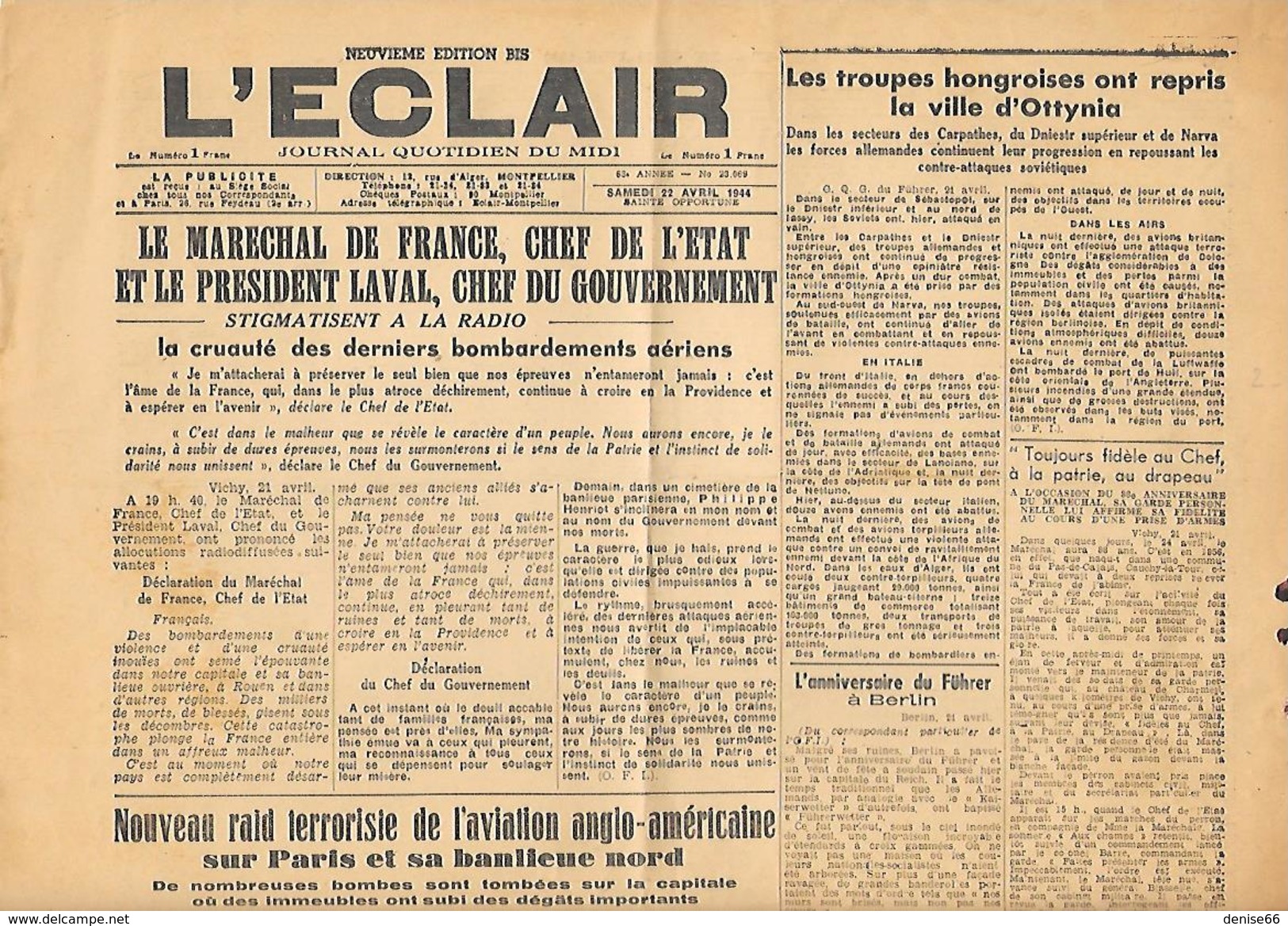 WW2 - 1944 - "L'ECLAIR" Journal Quotidien Du Midi - BOMBARDEMENTS ALLIES Sur Paris - - Documents Historiques