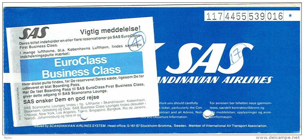 Ticket/Billet D'Avion. SAS. Scandinavian Airlines System. Copenhage/Stockholm/Copenhagen. - Europa