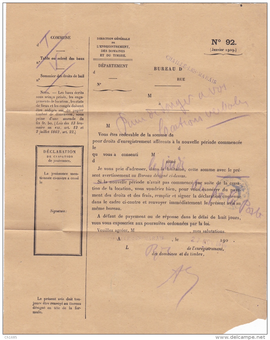 Cachet Des Imprimés Sur Notification De L'Administration Des Domaines CaD Chaillé Les Marais De 28 11 1914 - Journaux