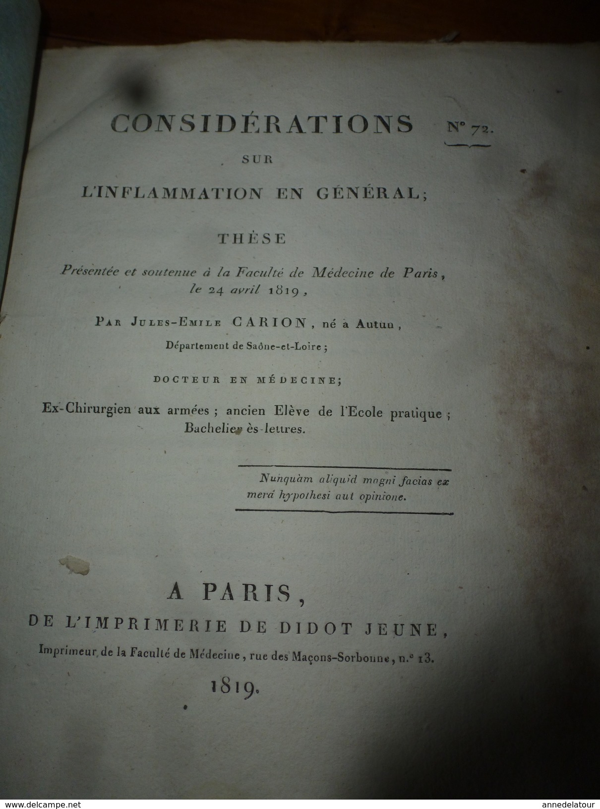 1819 (filigrane)  Rare Thèse Dr J. E. Carion SUR L'INFLAMMATION EN GENERAL, Présentée à Faculté De Médecine De Paris. - Non Classés