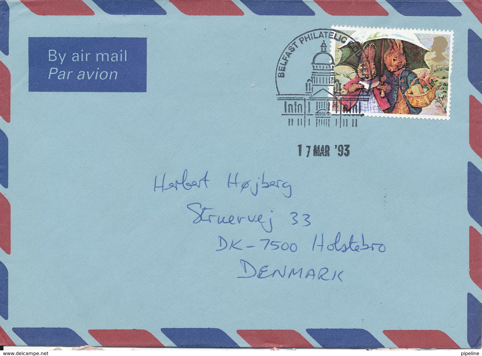 Great Britain Air Mail Cover Sent To Denmark Belfast 17-3-1993 Single Franked - Covers & Documents