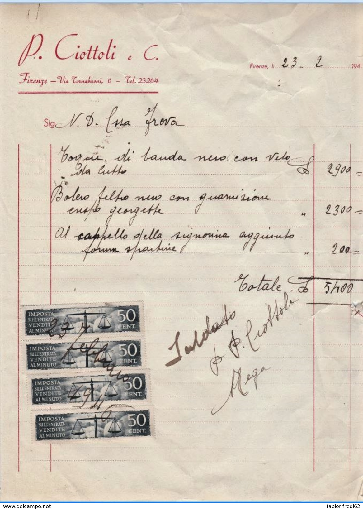 FATTURA P.CIOTTOLI CON 4 MARCHE DA BOLLO DA 0,50 CENT 1946 (TAGLIO A DX , NON PERFETTA A DX) (D39 - Italia