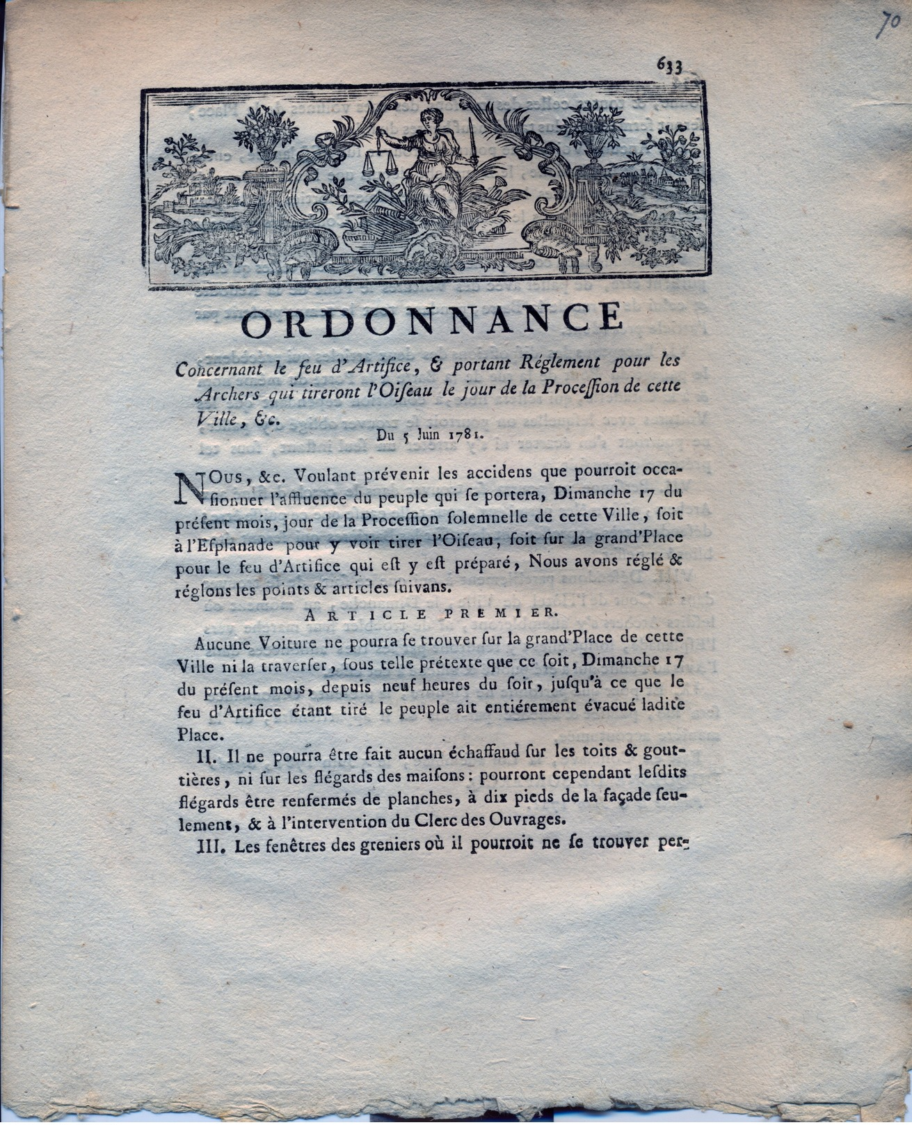 Lille - 5 Juin 1781 - Ordonnance Concernant Le Feu D'artifice, & Portant Règlement Pour Les Archers - Décrets & Lois