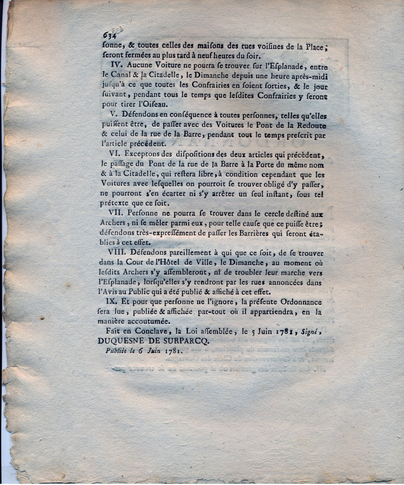 Lille - 5 Juin 1781 - Ordonnance Concernant Le Feu D'artifice, & Portant Règlement Pour Les Archers - Décrets & Lois