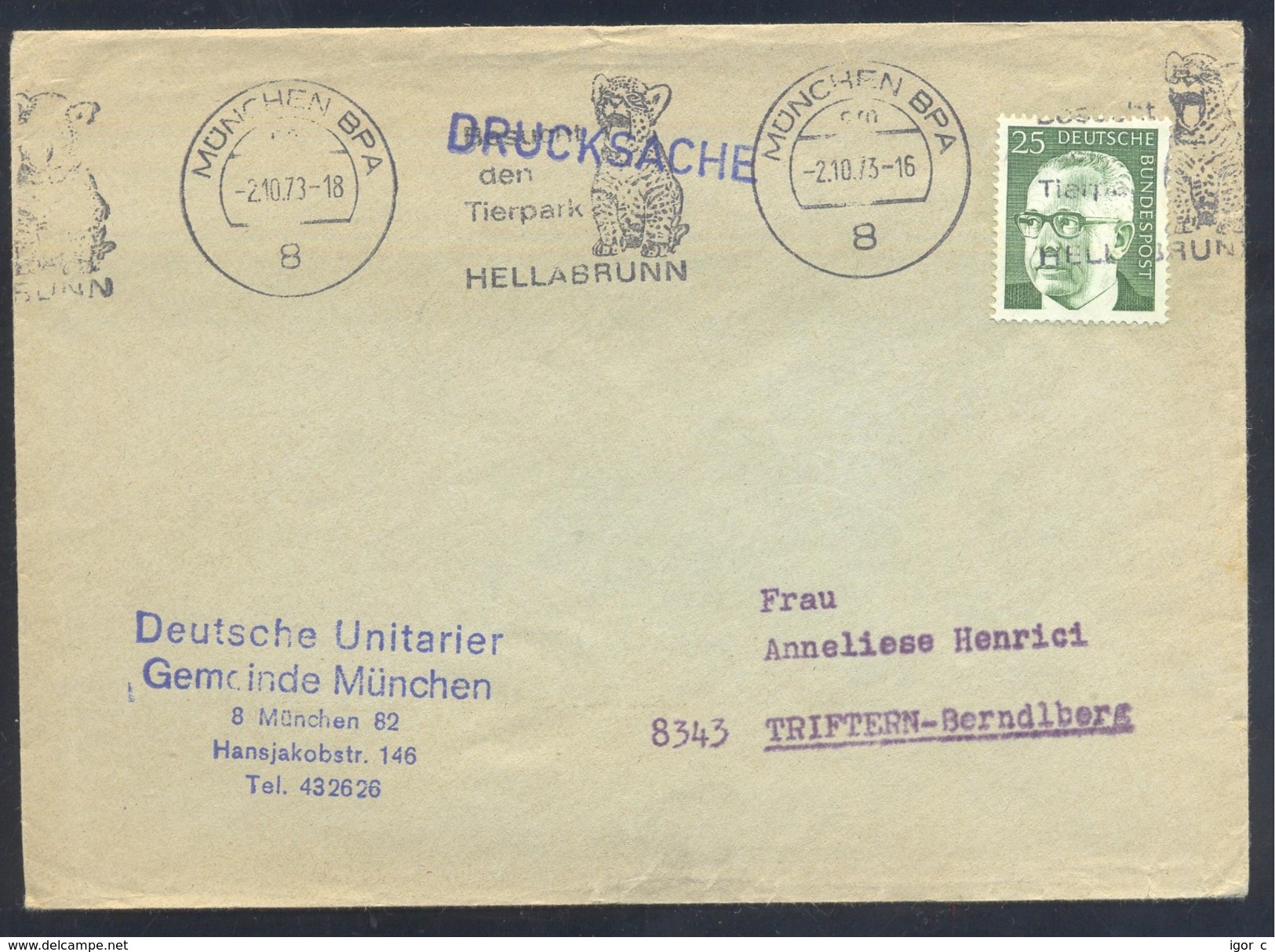 Germany Deutschland 1973 Cover: Fauna Cats Chats Katze; Tiger Panthera Tigris München ZOO Hellabrunn Cancellation - Raubkatzen