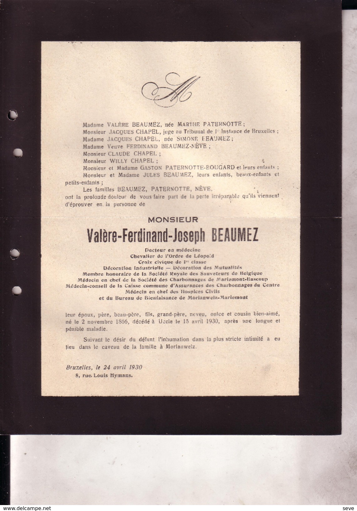 MORLANWELZ MARIEMONT Valère BEAUMEZ 1866-1930 Uccle PATERNOTTE Médecin Bureau De Bienfaisance Charbonnages - Obituary Notices