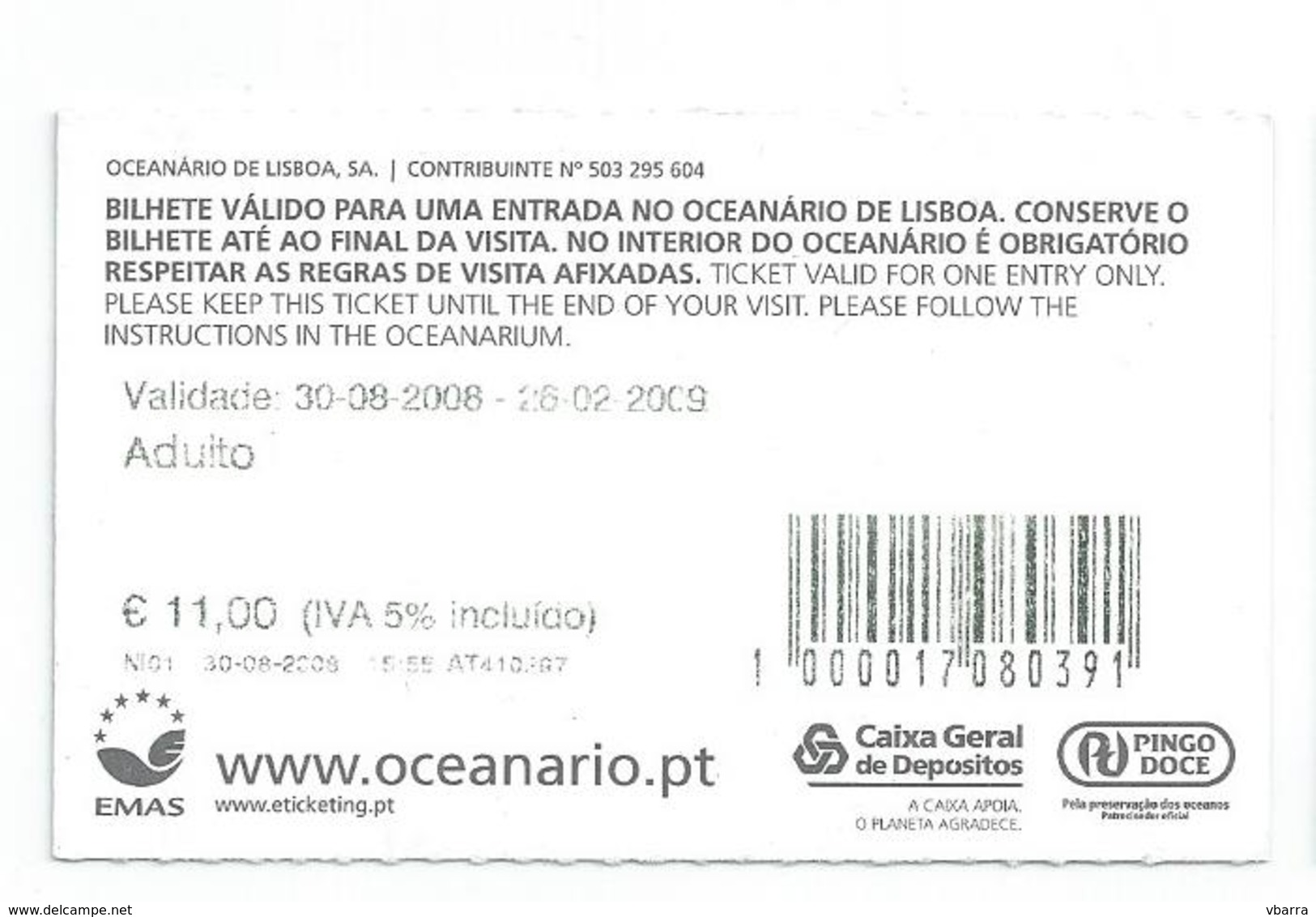 Tickets To The Lisbon Oceanarium. Year 2008 - Tickets - Entradas