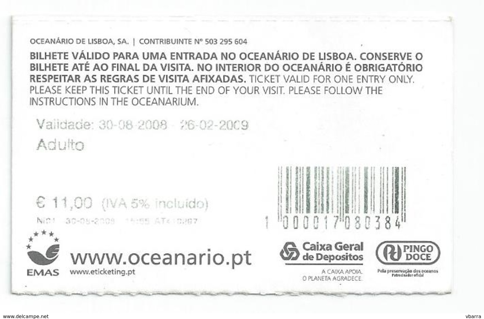 Tickets to the Lisbon Oceanarium. Year 2008