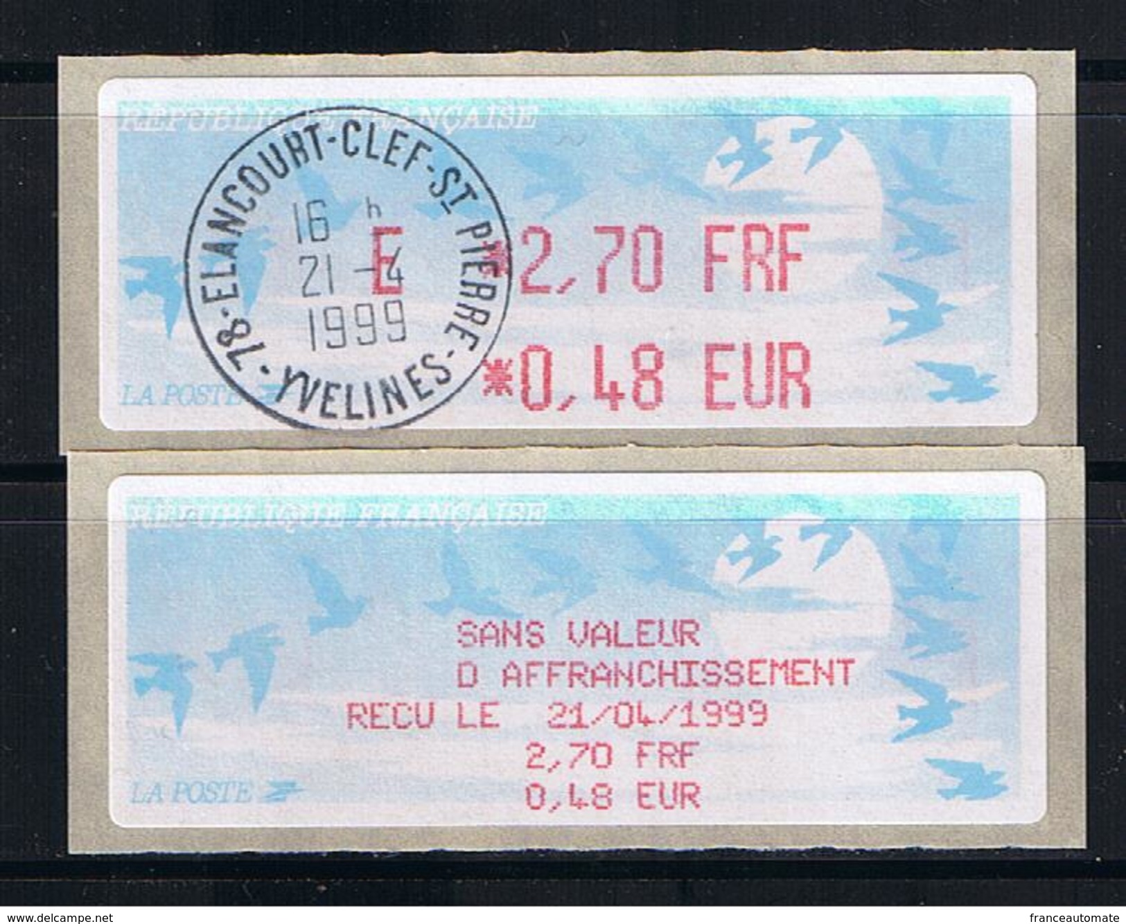 ATM, LISA1, 0.10FRF/0.48 EUR, VARIETE PROGRAMME DU 1er JANVIER 1999, PAPIER JUBERT. ERREUR DE PARITE à ELANCOURT,5.66957 - 1990 « Oiseaux De Jubert »