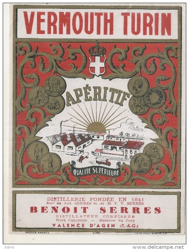 étiquette - VERMOUTH TURIN  - Benoit Serres - Valence D'Agen - 16cm -grand Format - Rouges