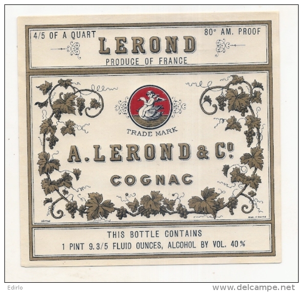 étiquette -1940/60  COGNAC  LEROND Pour Export   - Impression Dorée  - 9cm X12cm - Whisky