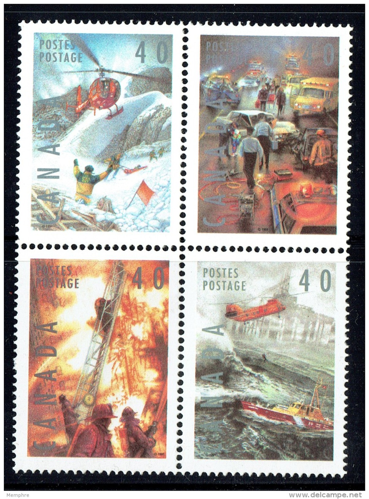 1991  Dangerous Occupations: Police, Rescue, Firefighting, Ski Patrol  Sc 1330-3  Block Of 4 Different MNH - Unused Stamps