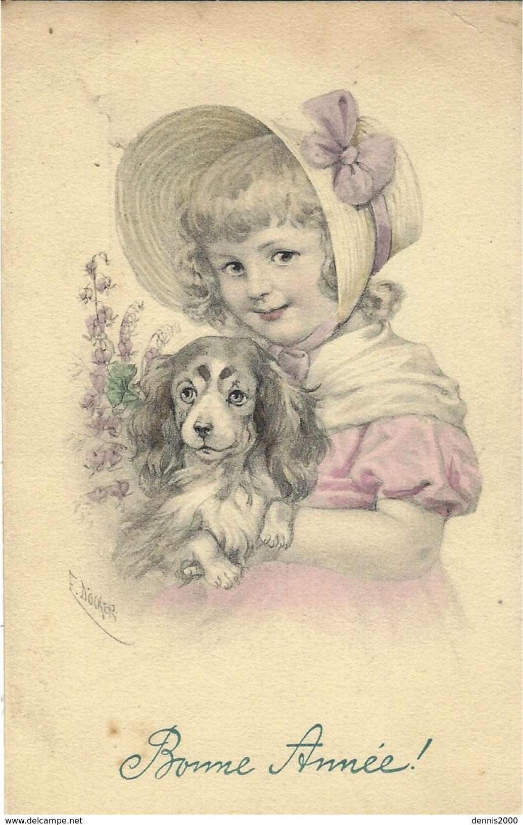 Petite Fille Et Son Chien - Colorisé - Signé E Döcker - Doecker, E.