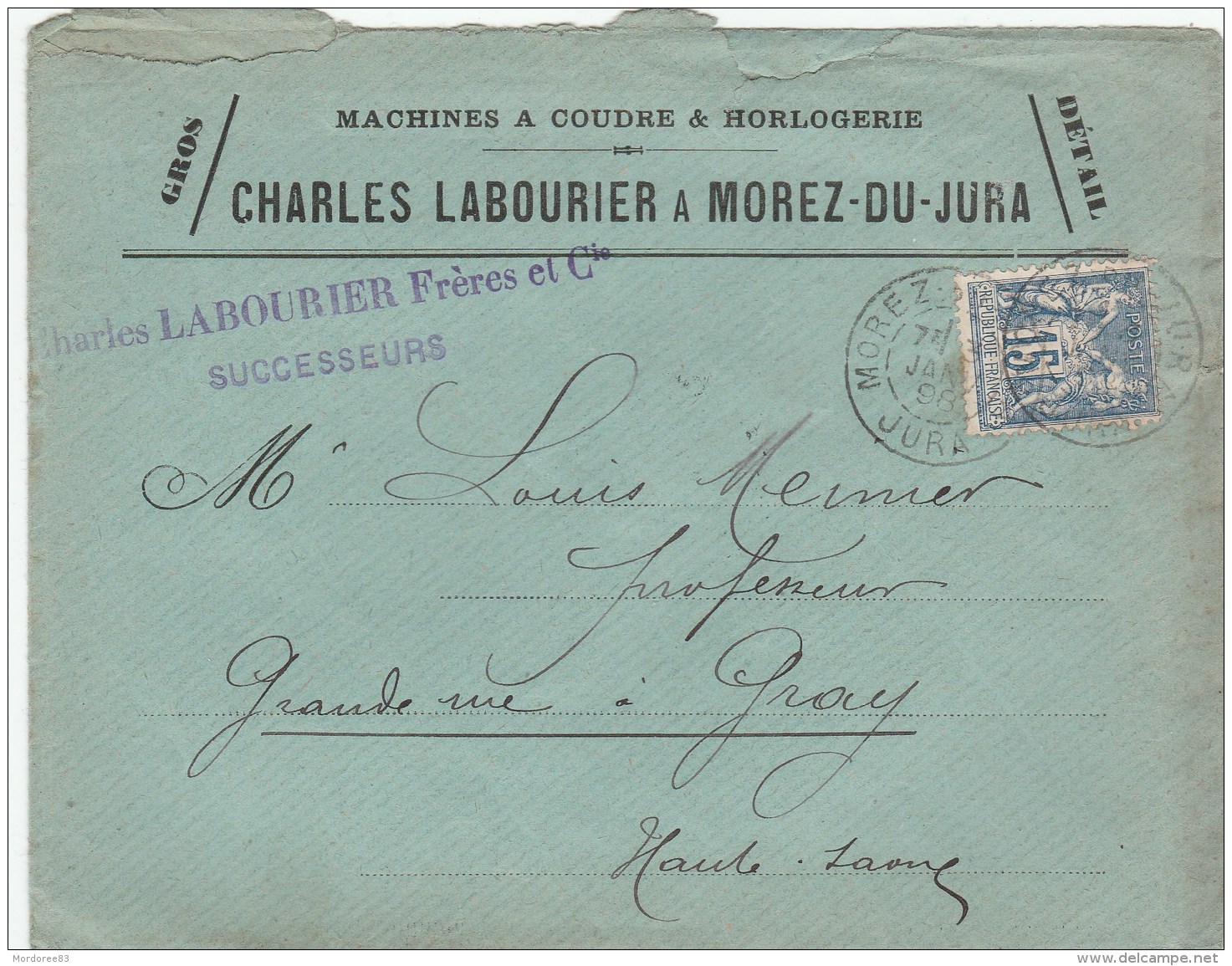 SAGE 15C SUR LETTRE COM MACHINES A COUDRE ET HORLOGERIE MOREZ DU JURA 4/1/98 POUR GRAY - Horlogerie