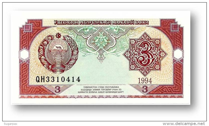 UZBEKISTAN - 3 SUM - 1994 - Pick 74 - UNC. - Serie QH - 2 Scans - Oezbekistan