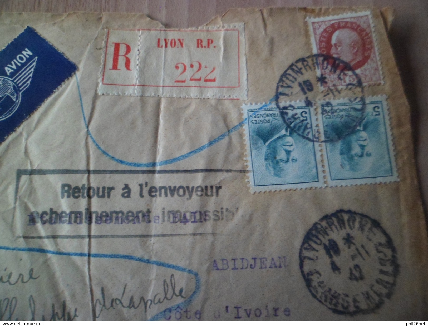 Lettre Recommandée Avion Lyon 4/11/1942 Pour Abidjan Les N° 517;524 X 2 Retour Le 04/12/42 Acheminement Impossible B/TB - Guerra Del 1939-45