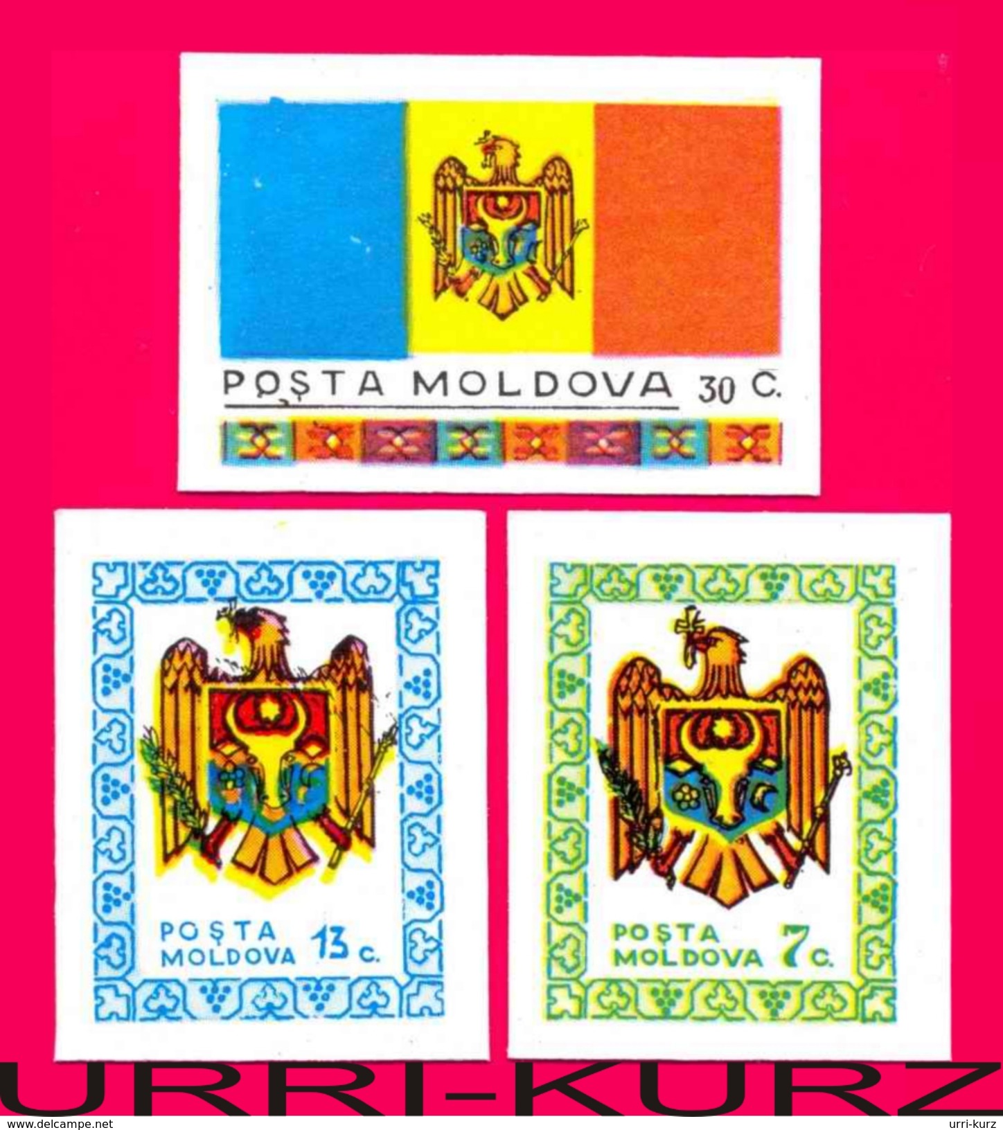 MOLDOVA 1991 Flag Coat Of Arms State Emblem First Stamps Of Sovereign Independent Moldova 3v Imperforated Sc1-3 Mi1-3 - Briefmarken