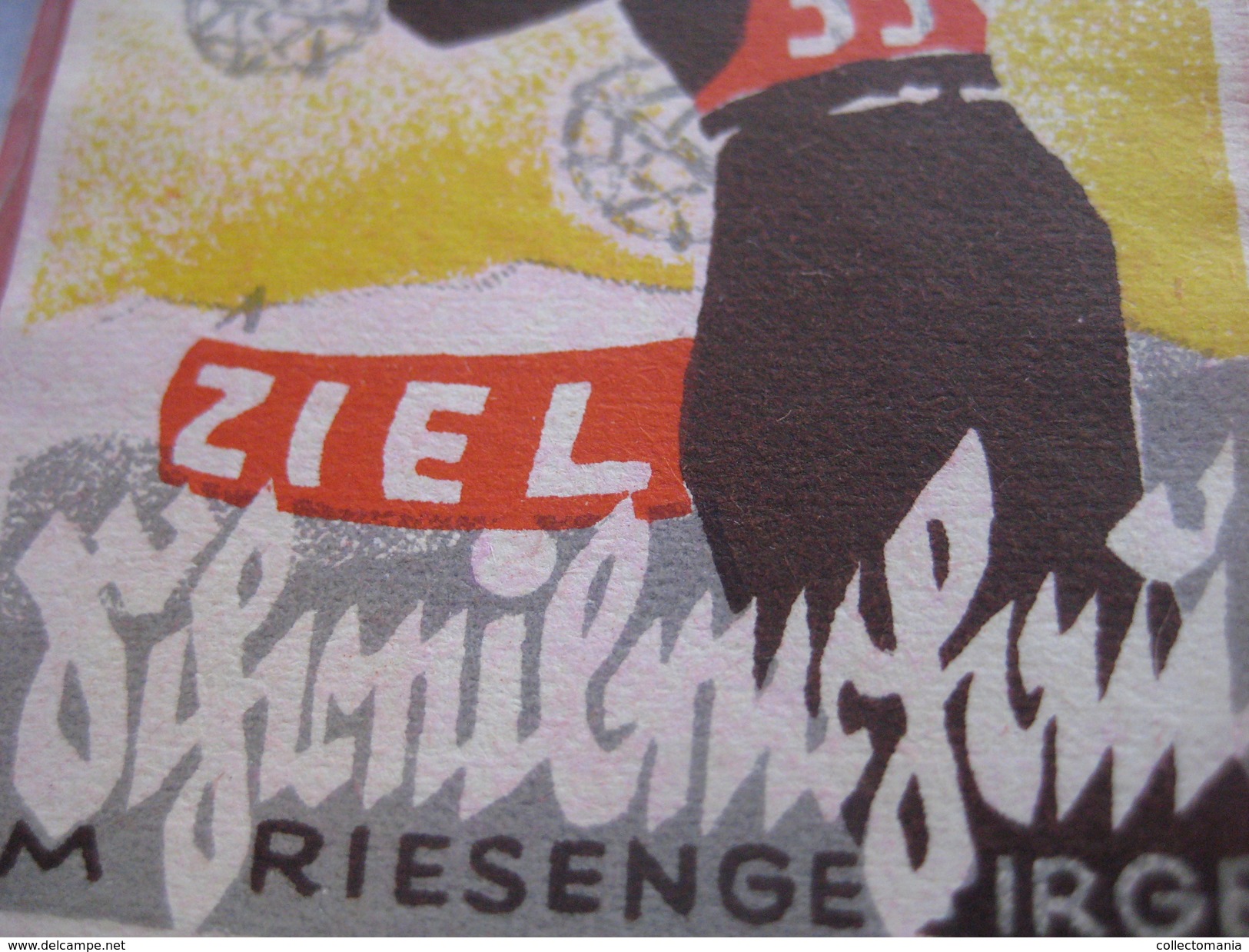 1 SKI Tourist SPORT Reklamemarke Cinderella Aufkleber  IM RIESENGEBIRGE- ZIEL -  Litho 6,2cmX4,5cm Artist : HMH - Cinderellas