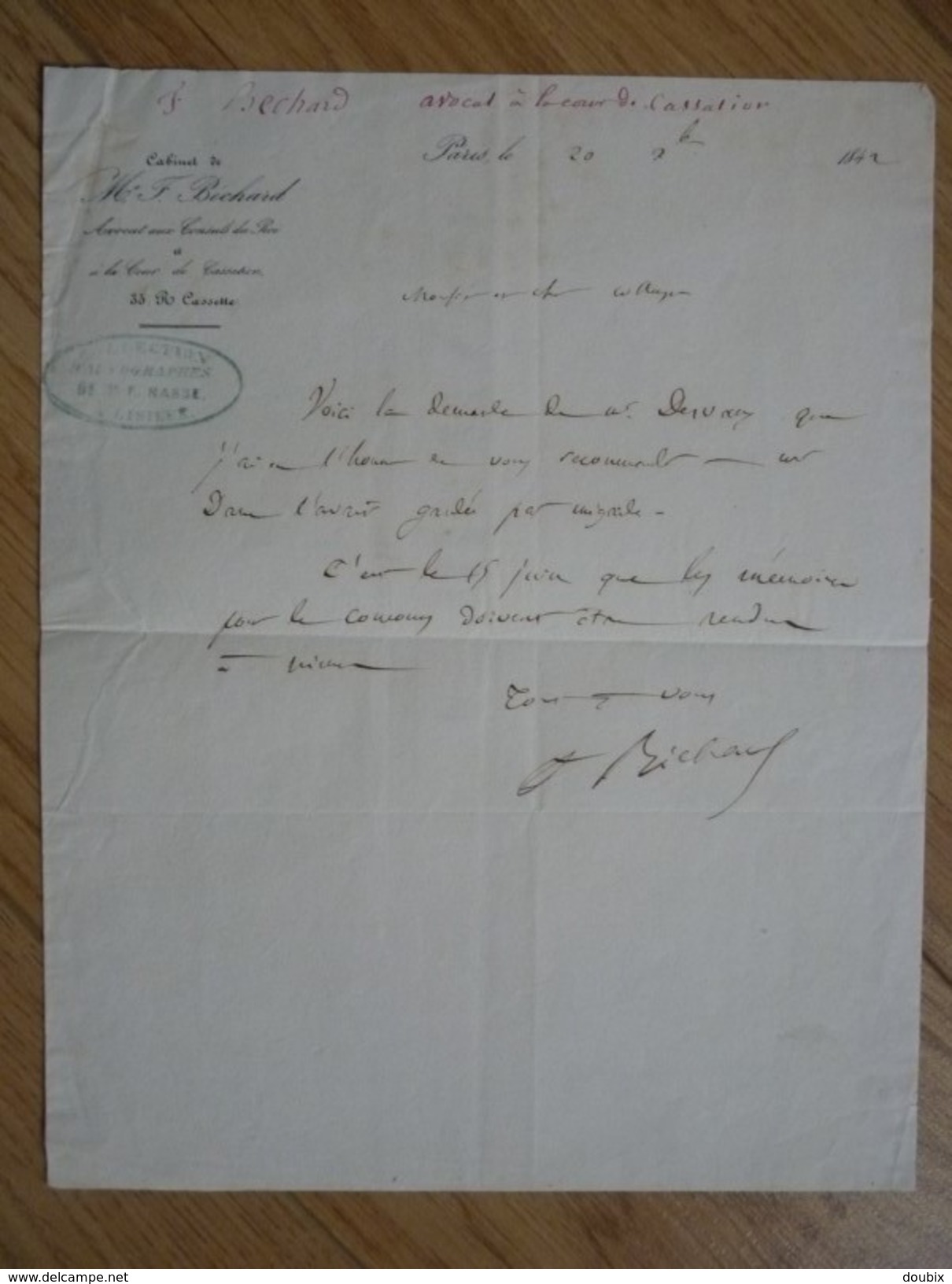 Ferdinand BECHARD (1799-1870) Député NIMES (Gard) Avocat Aux Conseils Du Roi. AUTOGRAPHE - Autres & Non Classés