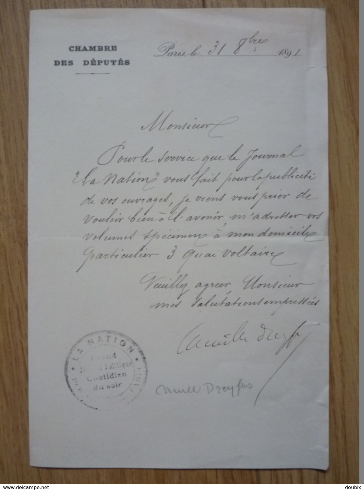 Camille DREYFUS (1851-1905) Député PARIS. Prison Affaire Chantage Edouard Portalis. AUTOGRAPHE - Autres & Non Classés