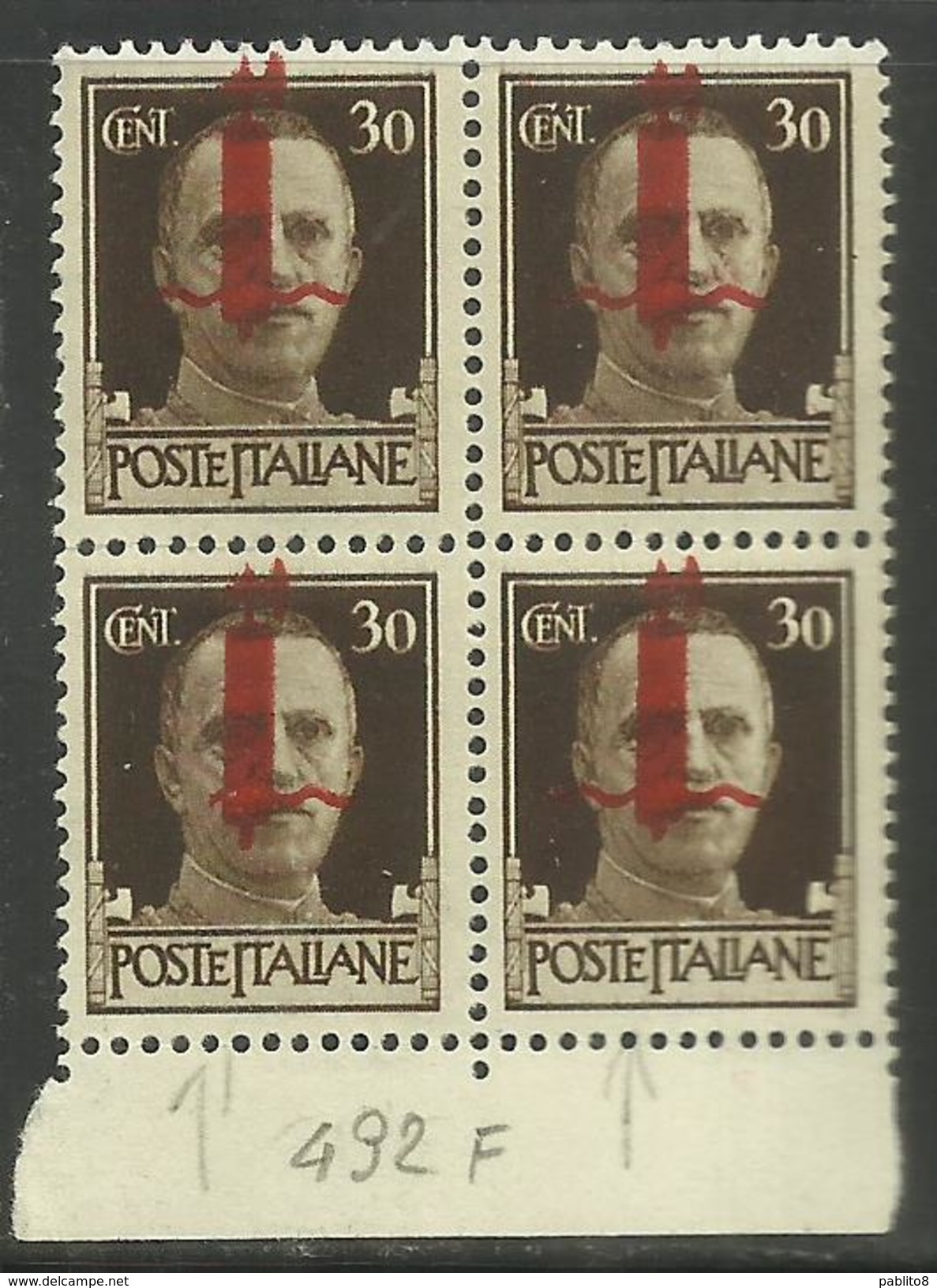 ITALIA REGNO ITALY KINGDOM 1944 RSI IMPERIALE CENT 30 SOPRASTAMPA FASCIO ROSSO BRUNO QUARTINA BLOCK MNH FIRMATO SIGNED - Nuovi