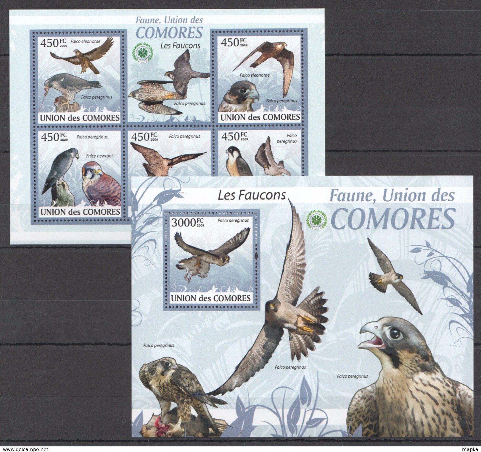 D172 2009 UNION DES COMORES FAUNA BIRDS LES FAUCONS KB+BL MNH - Adler & Greifvögel