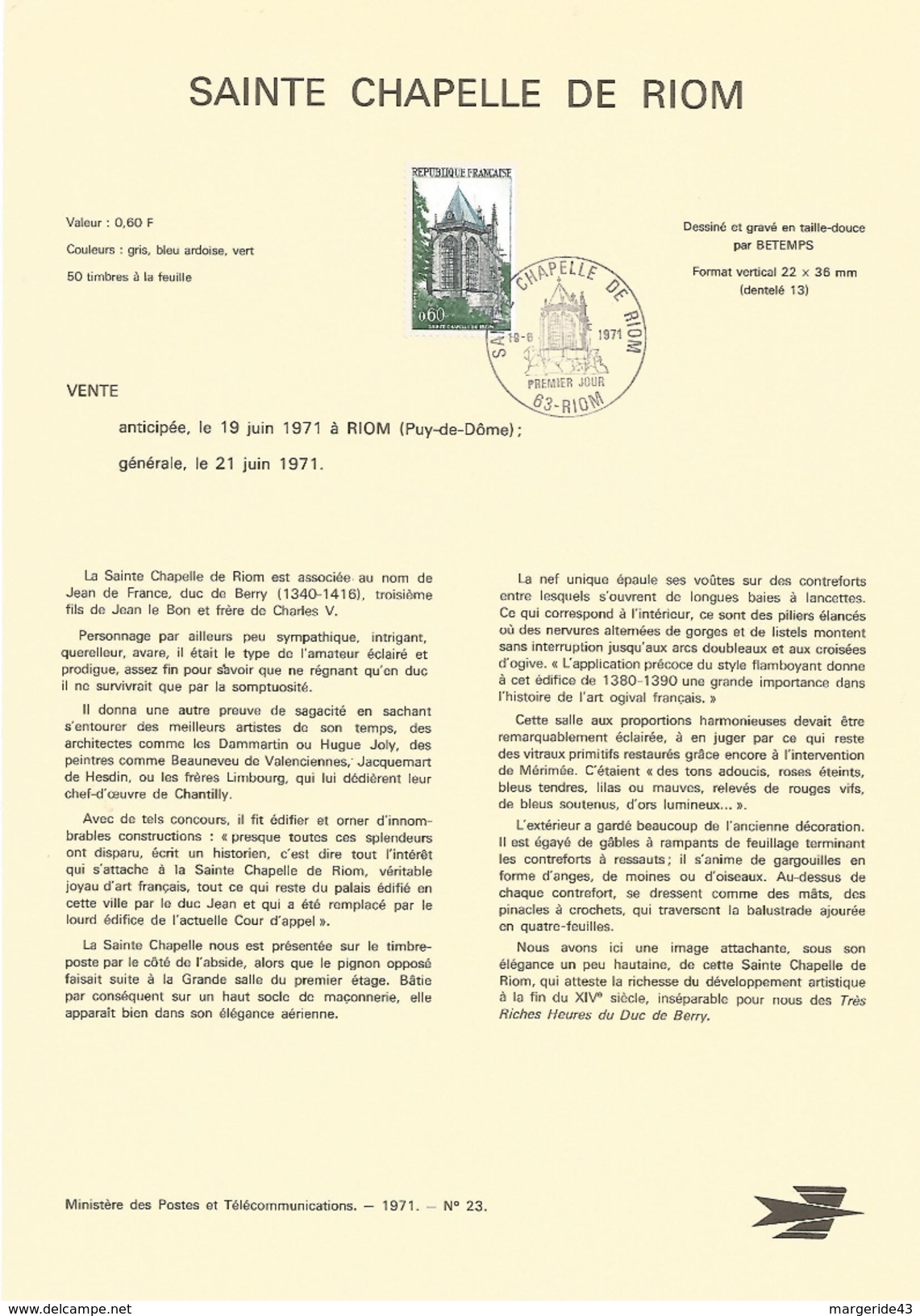 NOTICE PTT 1971 SAINTE CHAPELLE DE RIOM PUY DE DOME - Documents De La Poste