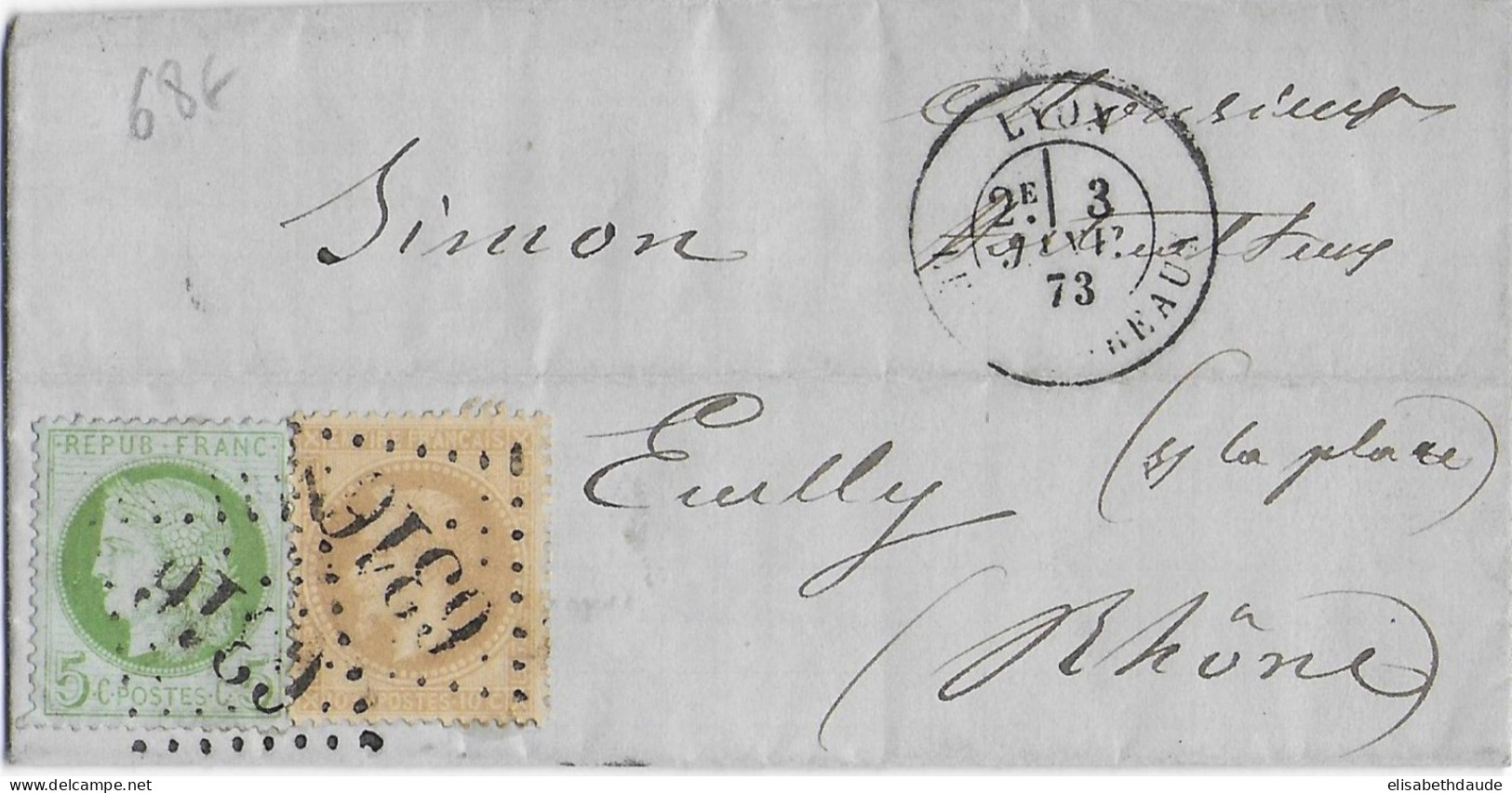 MIXTE EMPIRE / CERES - 1873 - LETTRE De LYON Pour ECULLY (RHONE) - 1871-1875 Cérès