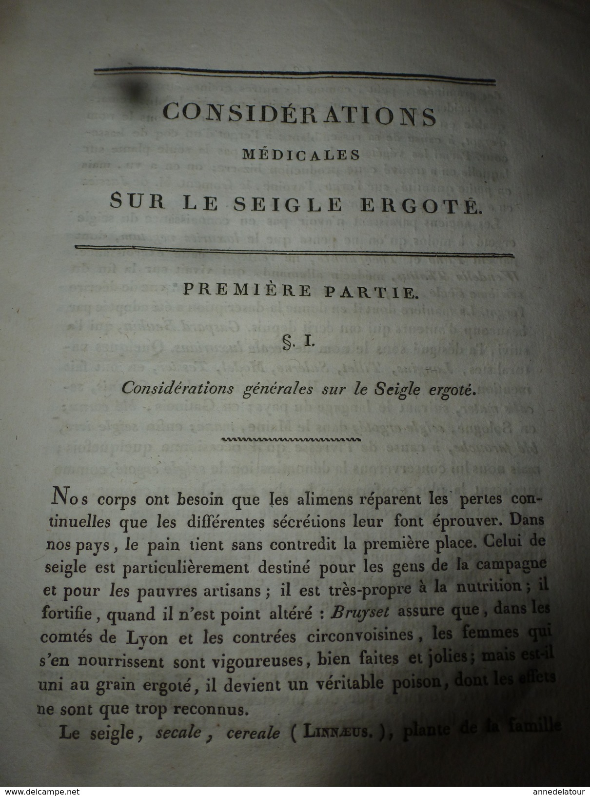 1818 Rare thèse du docteur  Bordot sur LE SEIGLE ergoté (poudre sacrificielle des sorcières), .(dédicace manuscrite)