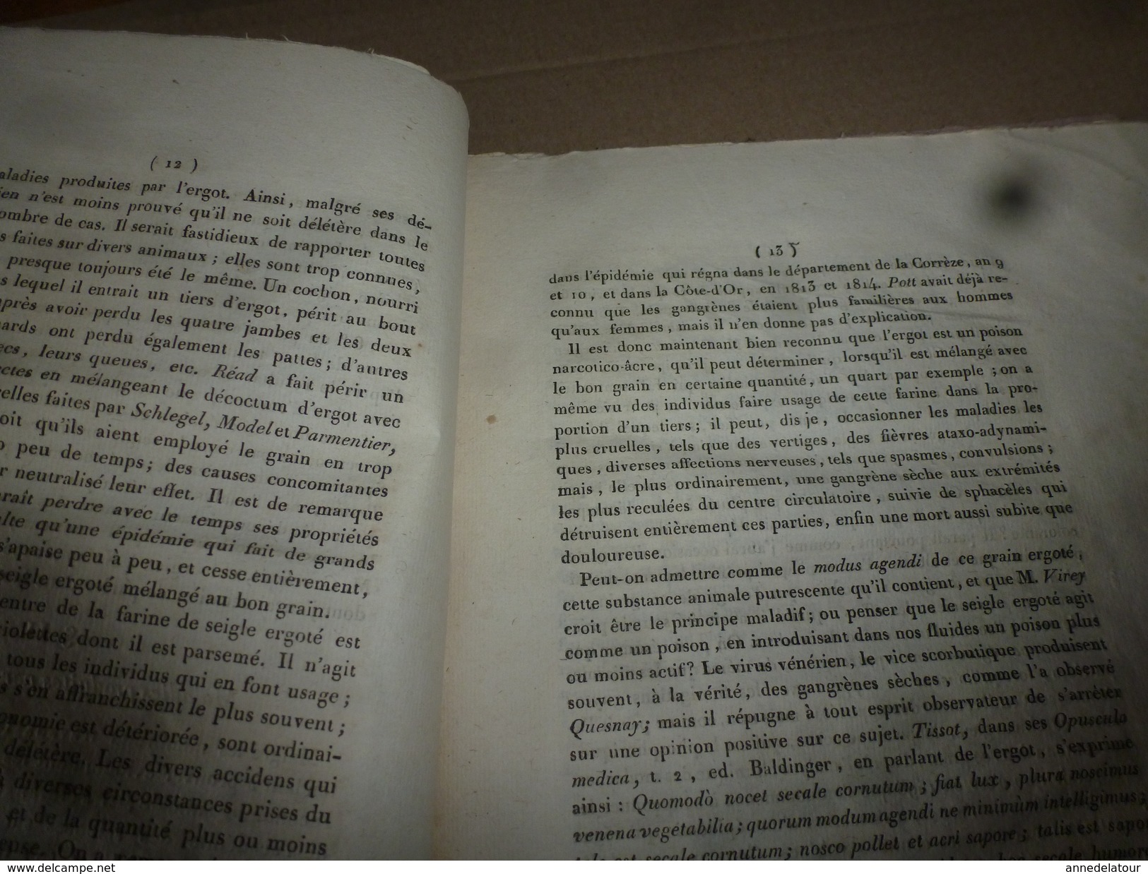 1818 Rare thèse du docteur  Bordot sur LE SEIGLE ergoté (poudre sacrificielle des sorcières), .(dédicace manuscrite)