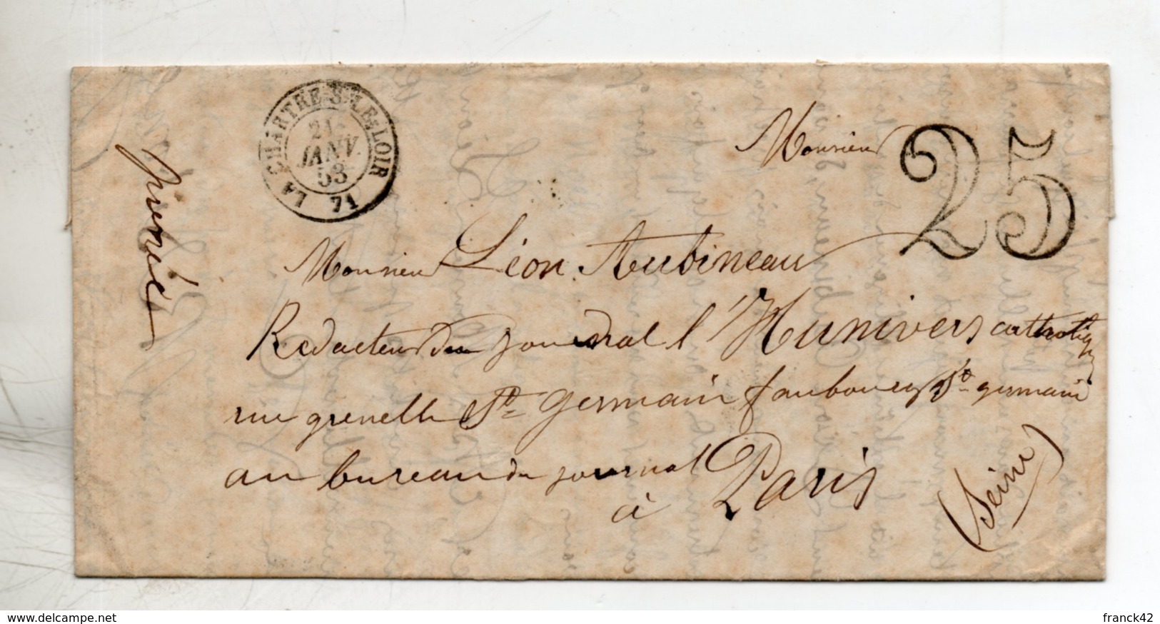 France. LAC. Partie De Chartres Pour Paris. Cachet à Date 21 Janvier 53. Cachet Ligne De Tours 21 Janv 53 - 1849-1876: Periodo Clásico