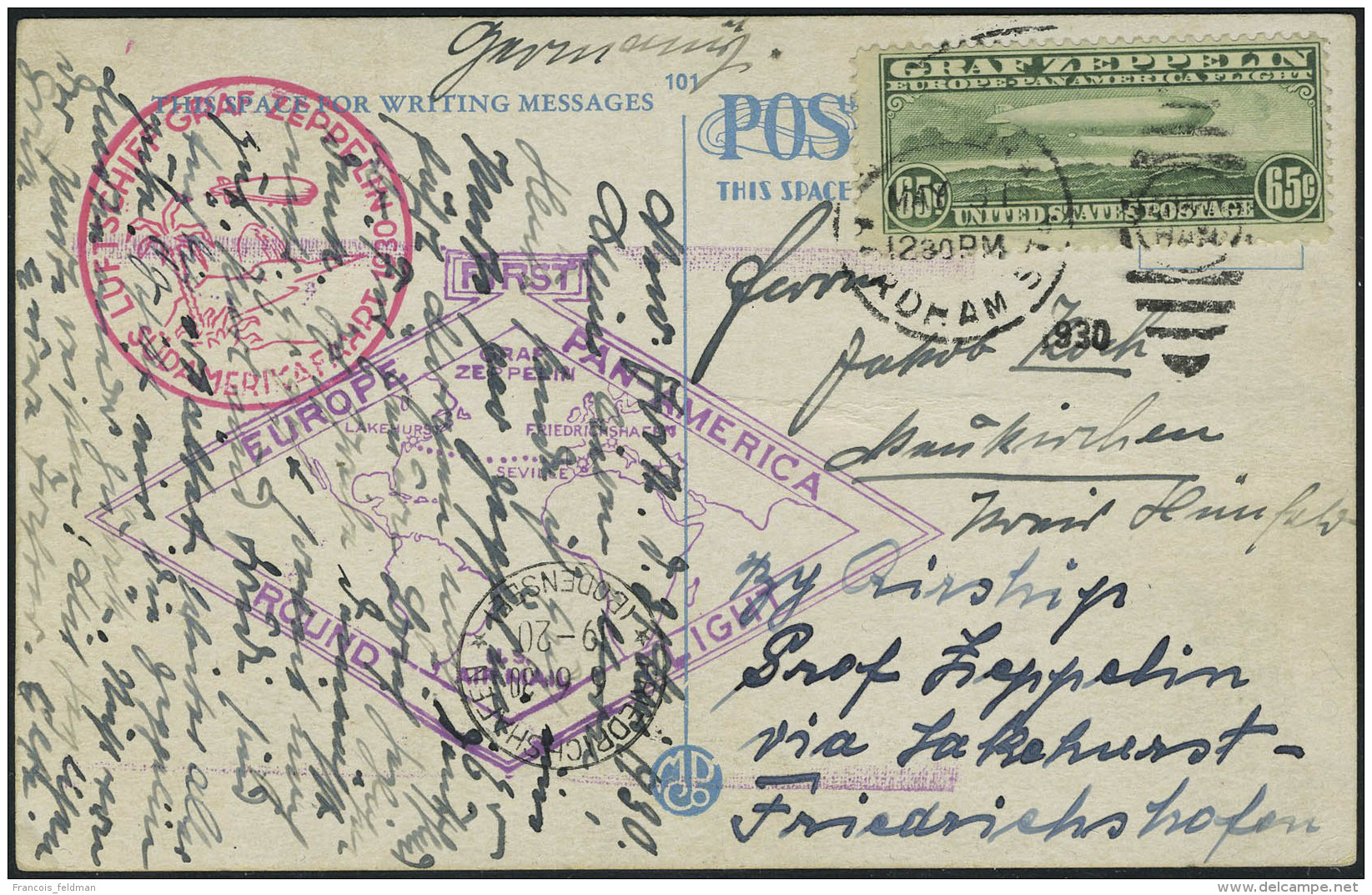 Lettre N&deg; 13/15, S&eacute;rie Zeppelin Sur 1 Carte + 2 Lettres 1er SAF 1930 + Cachet Europa Panamerica Round... - Autres & Non Classés
