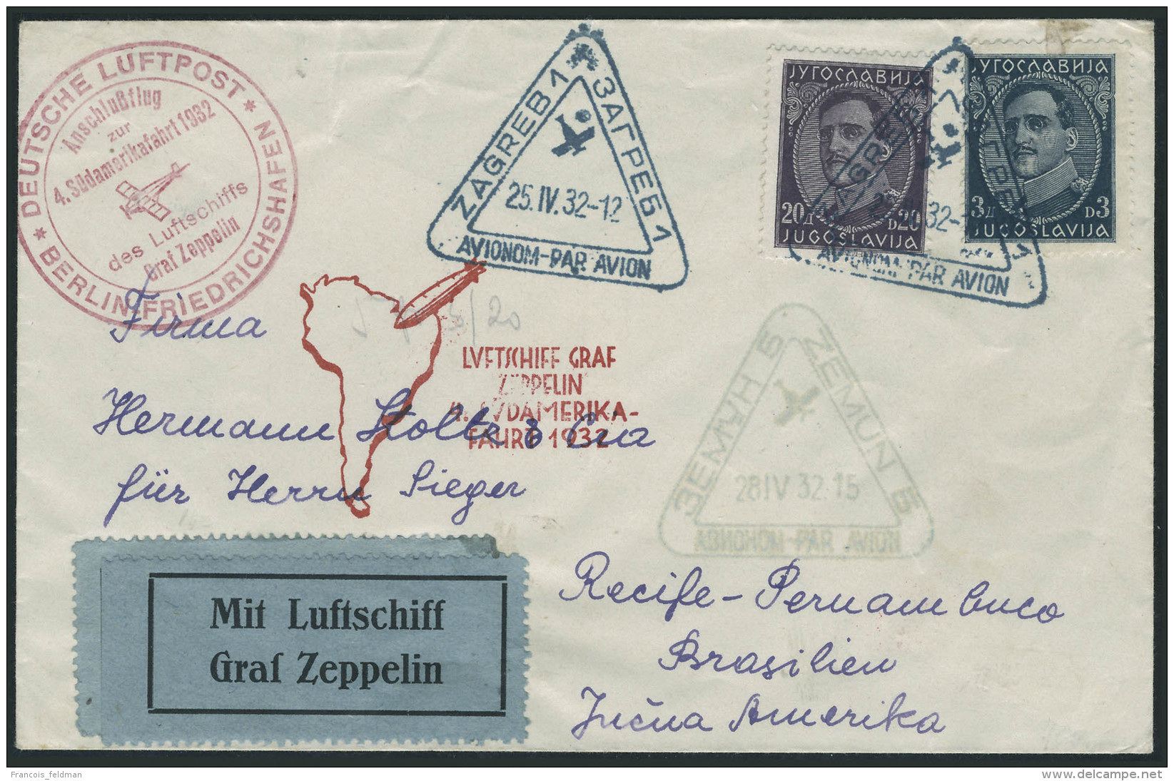 Lettre Zeppelin 4 SAF 1932. L. Avec C&agrave;d Illustr&eacute; Zagreb 25 IV 32 + Cachet Illustr&eacute;... - Sonstige & Ohne Zuordnung