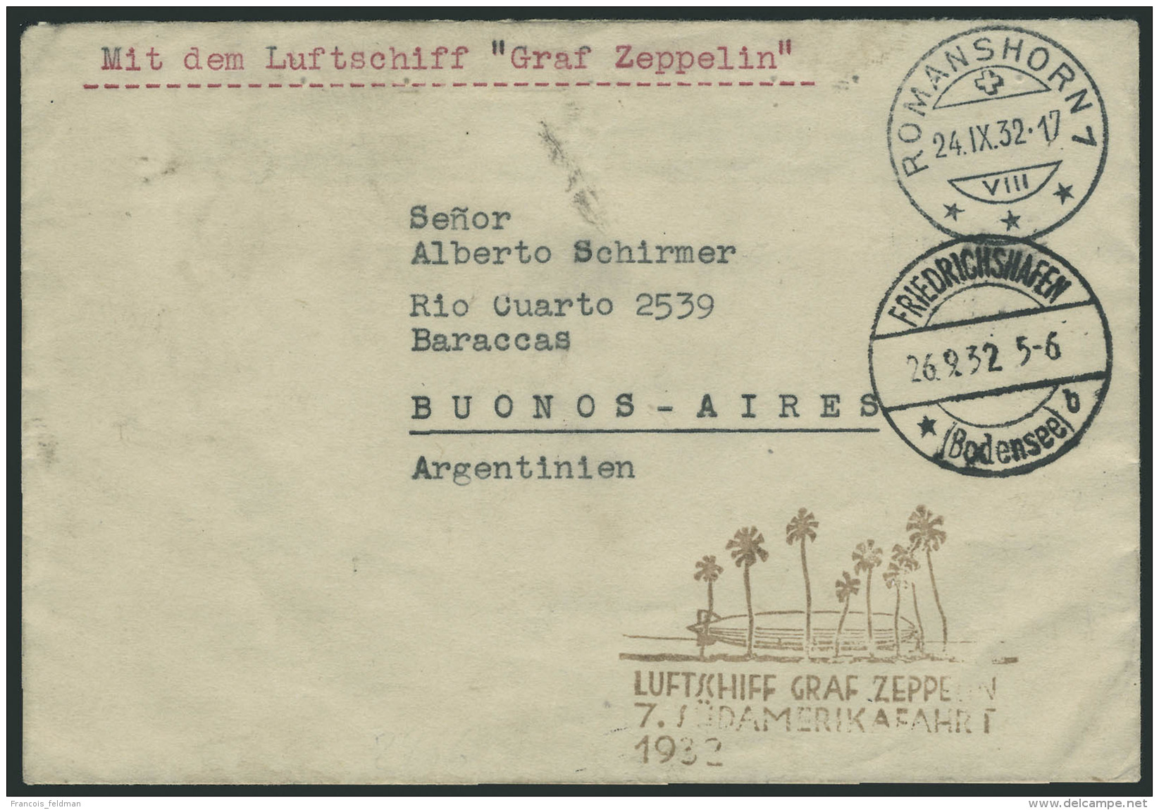 Lettre N&deg;7+9+12+14a Affranchissement Au Verso D'un Zeppelin 7&egrave; SAF 1932 Pour L'Argentine. T.B. - Other & Unclassified