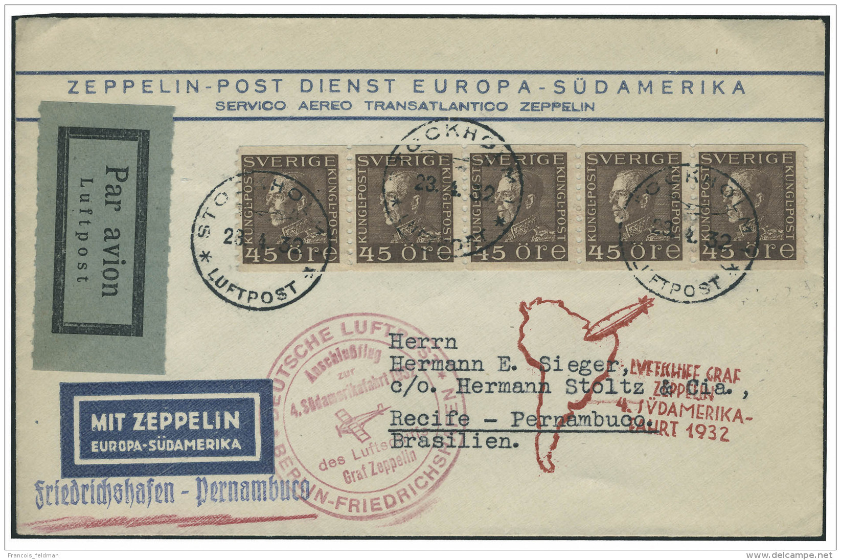 Lettre Zeppelin. 4. SAF 1932. Lettre C&agrave;D Stockholm 23.4.32. Cachet De Transit Berlin-Friedrichshafen Pour... - Other & Unclassified