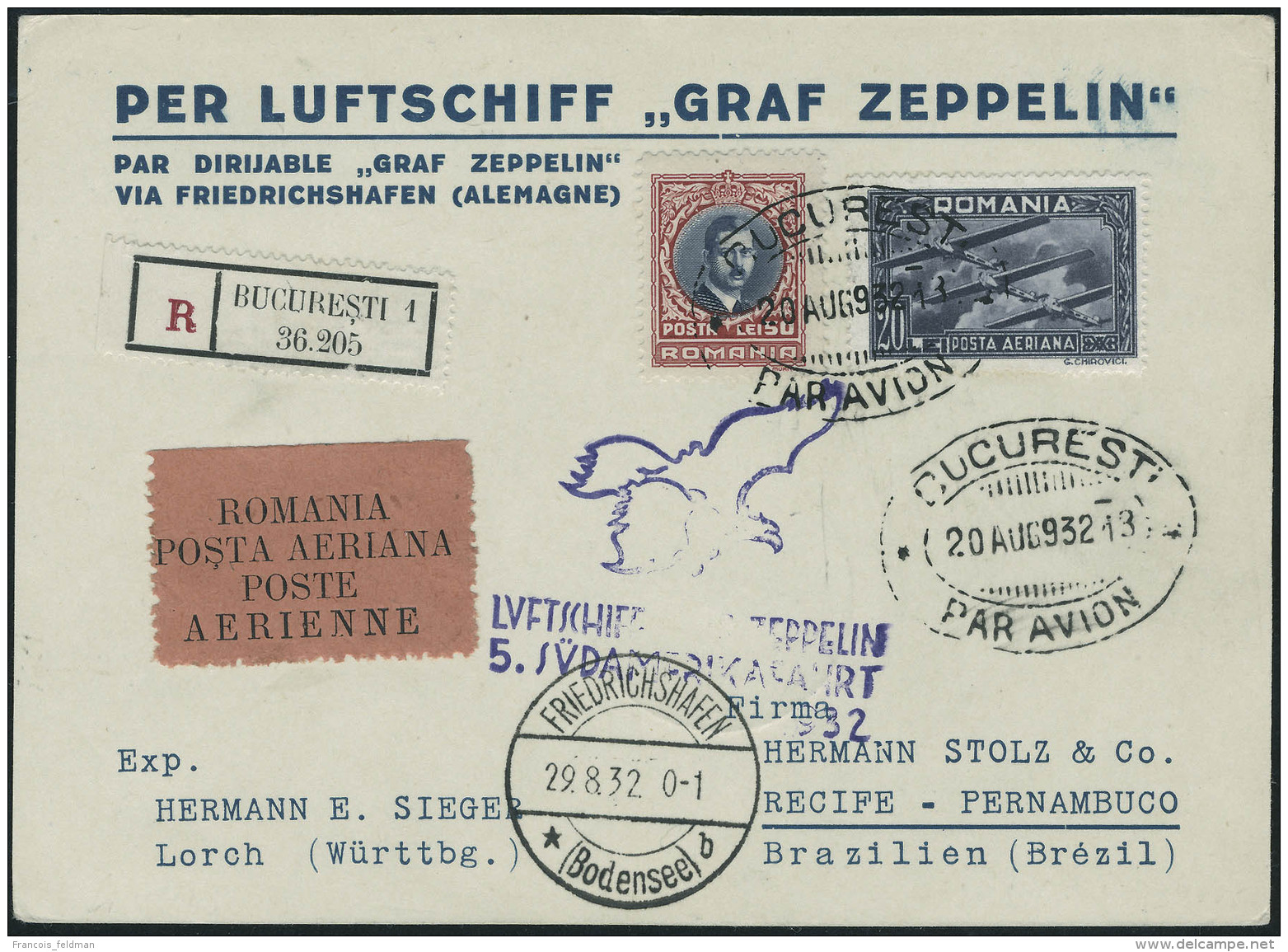 Lettre Zeppelin 5 SAF 1932. CP Imprim&eacute;e Per Luftschiff Graf Zeppelin, Recommand&eacute;e, C&agrave;d... - Other & Unclassified