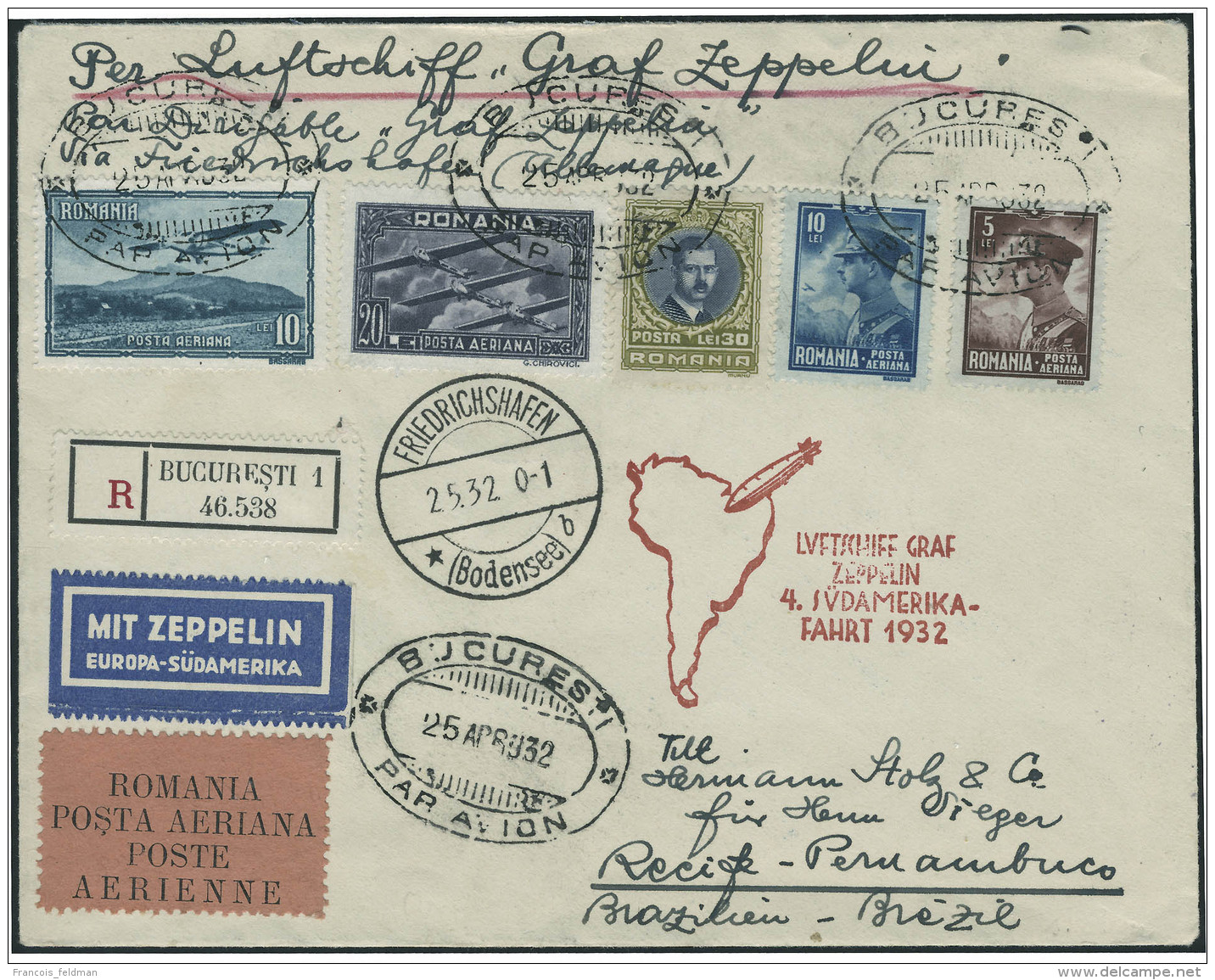 Lettre Zeppelin. 4&egrave;me SAF 1932, Pour Le Br&eacute;sil. T.B. - Other & Unclassified