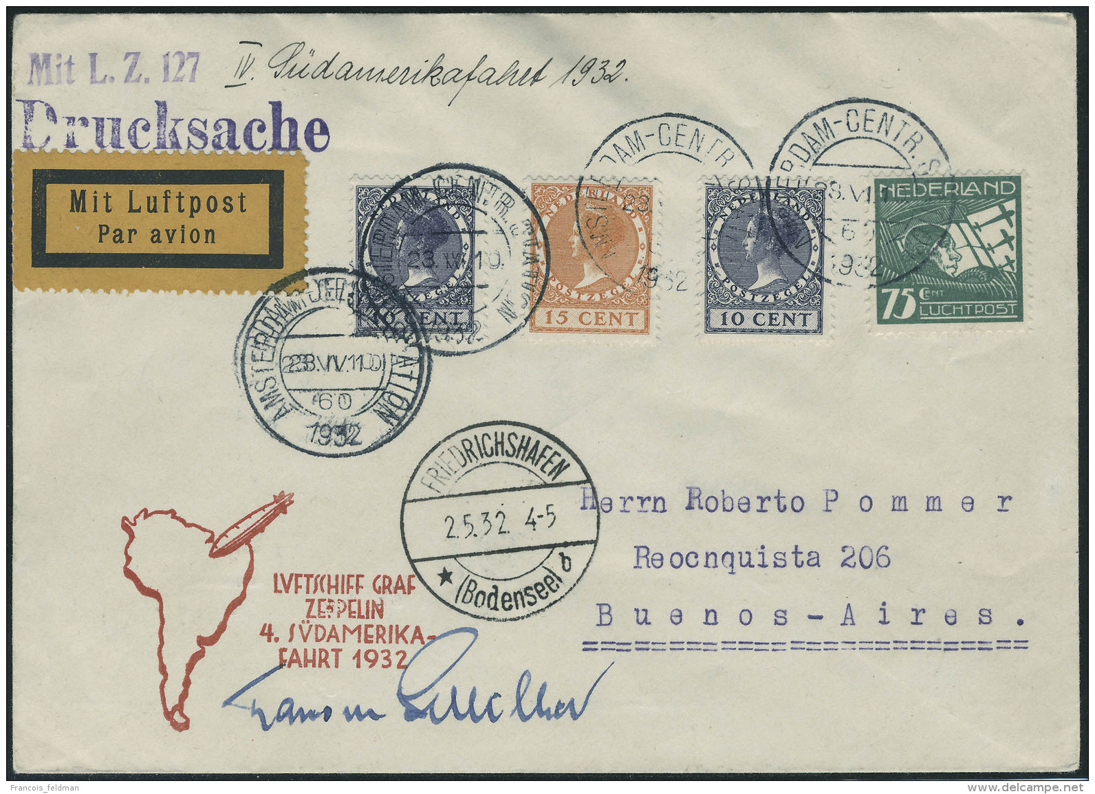 Lettre Zeppelin 4 SAF 1932. L. Avec C&agrave;d Amsterdam 23 IV 1932, Cachet Mit L.2.127, C&agrave;d De Transit... - Autres & Non Classés