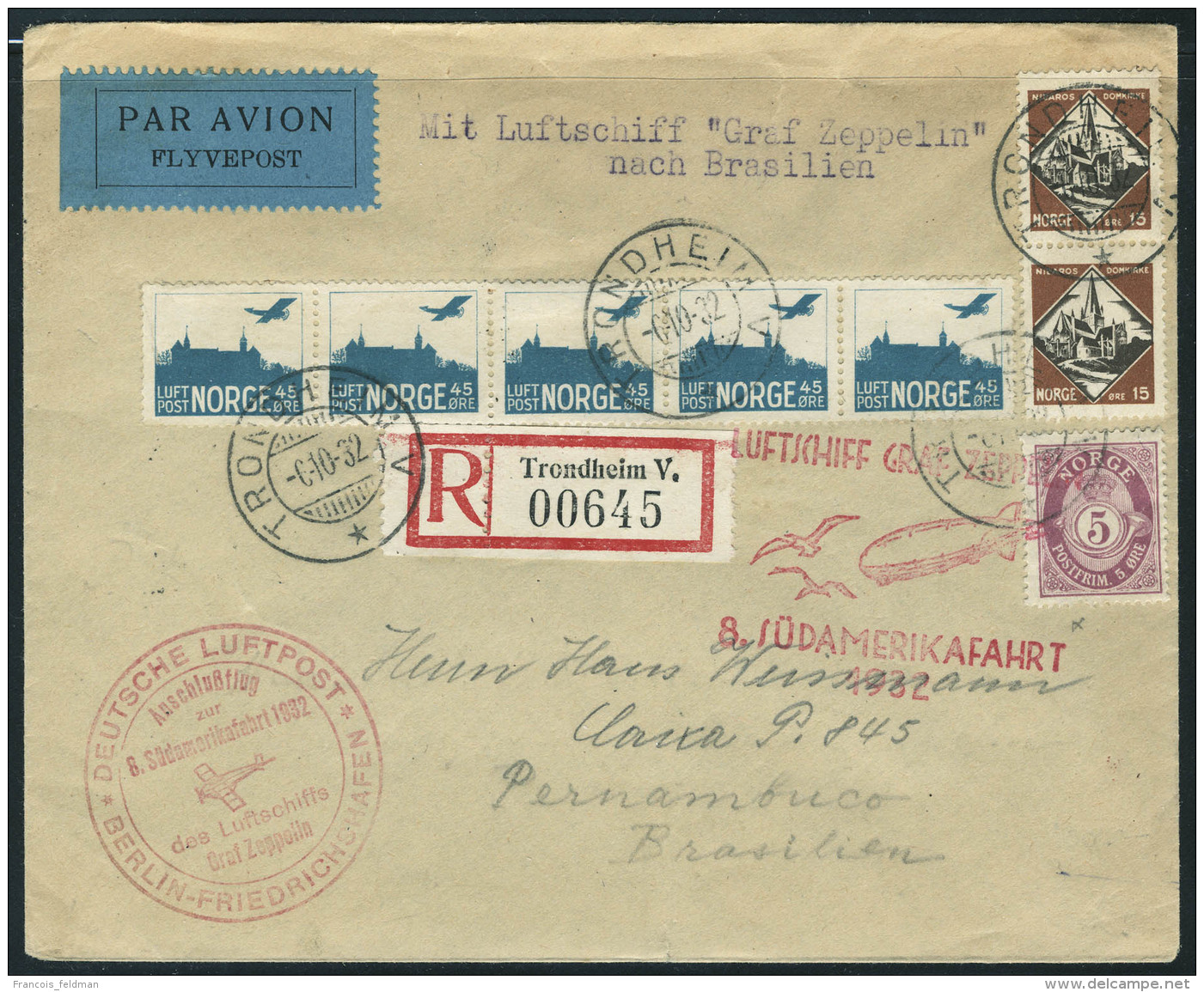 Lettre Zeppelin 8&egrave; SAF, LR De Trondheim 6.10.32, Pour Pernambuco, Au Verso C&agrave;d De Transit Berlin... - Autres & Non Classés