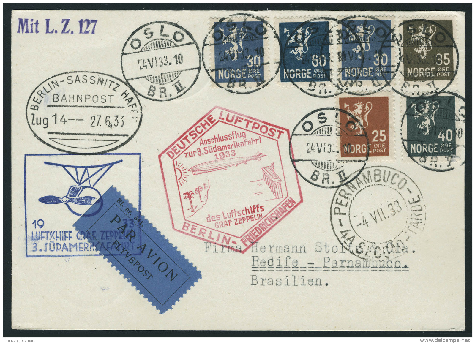 Lettre Zeppelin 3 SAF 1933, CP C&agrave;d Oslo 24.VI.33, Cachet Illustr&eacute; Berlin - Friedrichshafen + Cachet... - Autres & Non Classés