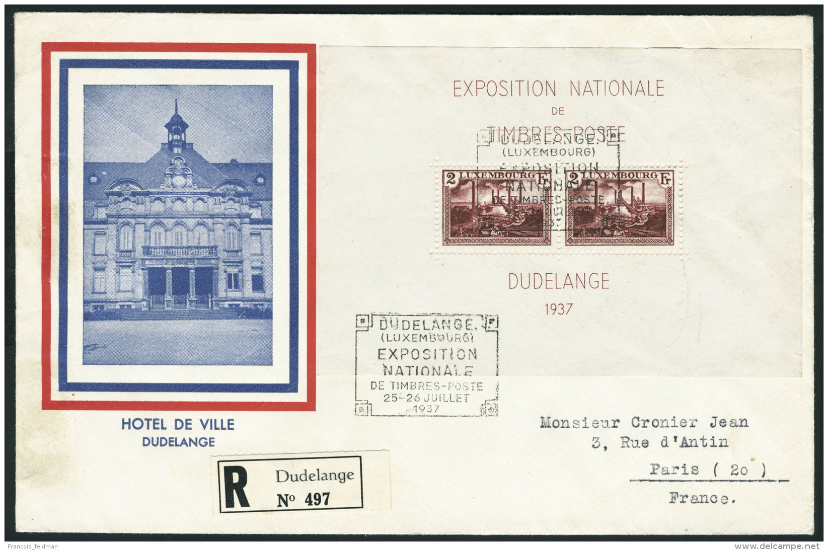 Lettre N&deg; 2, Le Bloc Sur LR Pour La France, Obl. 1er Jour 25 Juillet 1937. T.B. - Autres & Non Classés