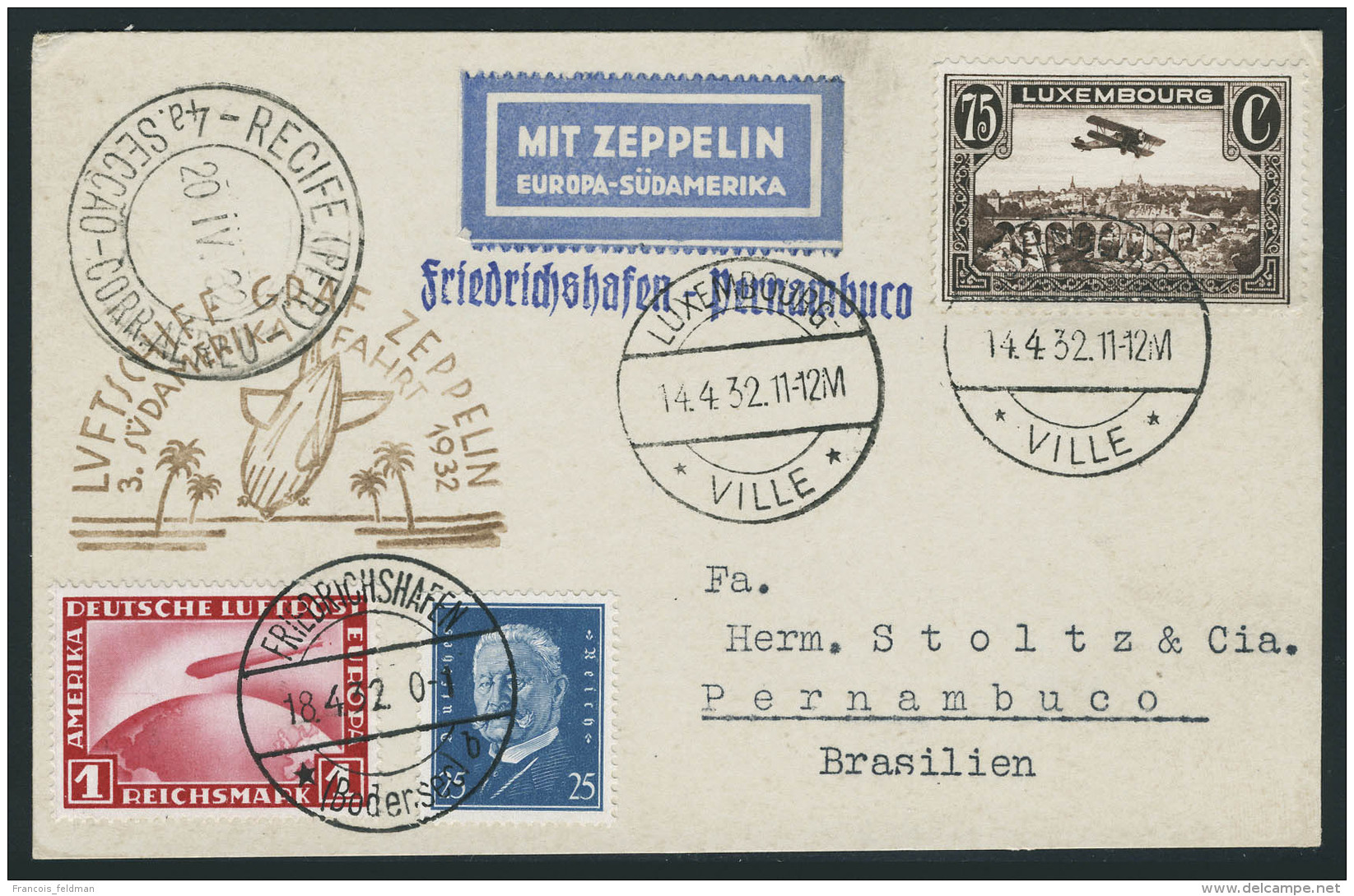 Lettre Zeppelin 3 SAF 1932. CP  C&agrave;d Luxembourg 14.4.32 Sur  PA N&deg; 2 + Timbres D'Allemagne N&deg; 407 Et... - Autres & Non Classés