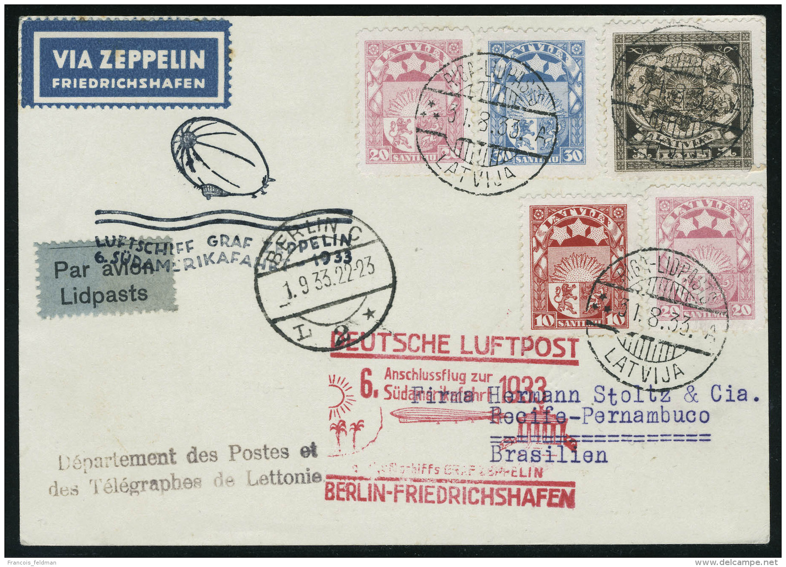 Zeppelin 6 SAF 1933. CP C&agrave;d Riga 31.8.33, C&agrave;d De Transit Berlin 1.9.33  Et Cachet Illustr&eacute;... - Other & Unclassified