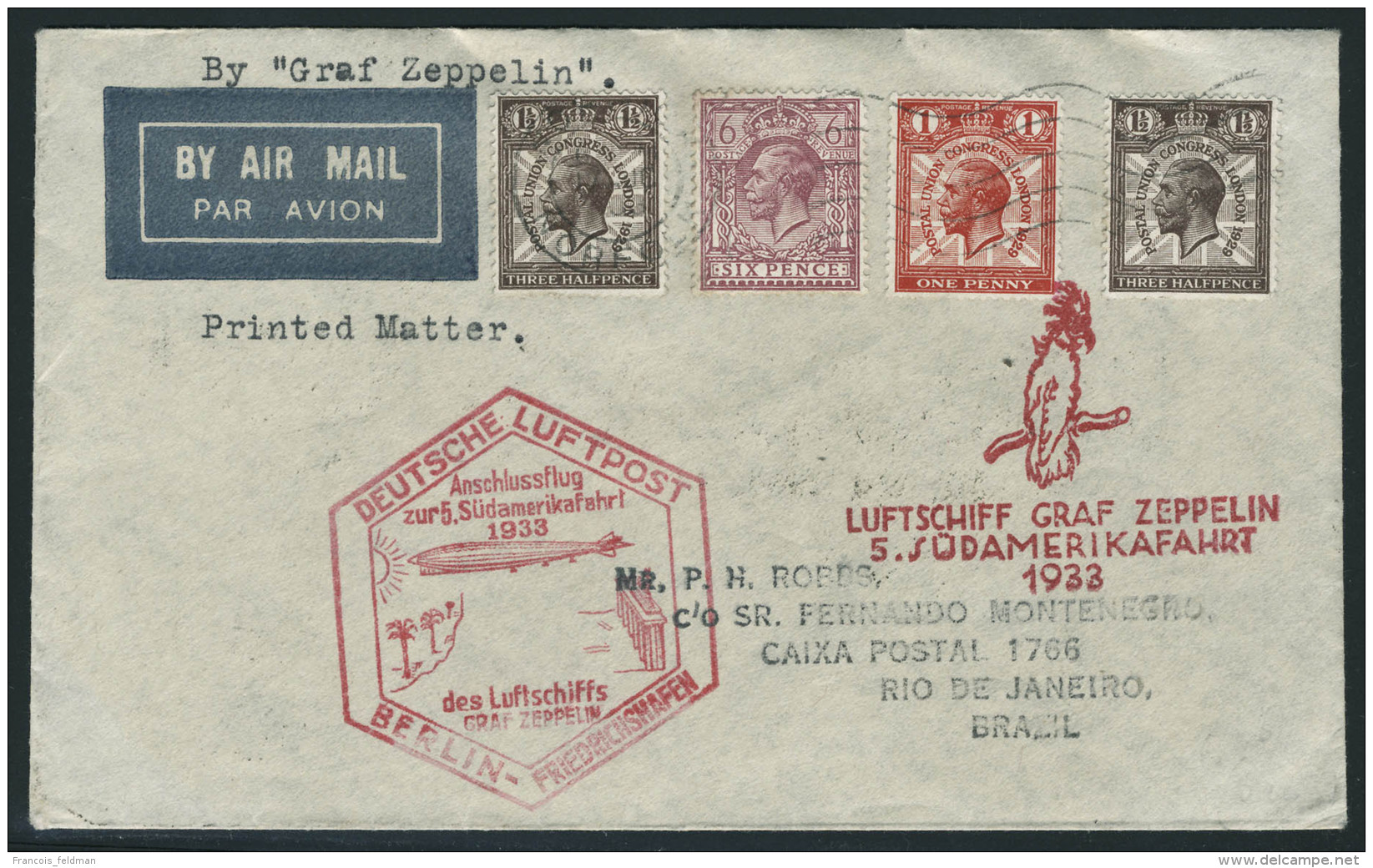 Lettre Zeppelin 5 SAF 1933, L. C&agrave;d Norfolk 17 Aug 33, Pour Rio De Janeiro, Au Verso Cachet Responda Logo Via... - Other & Unclassified