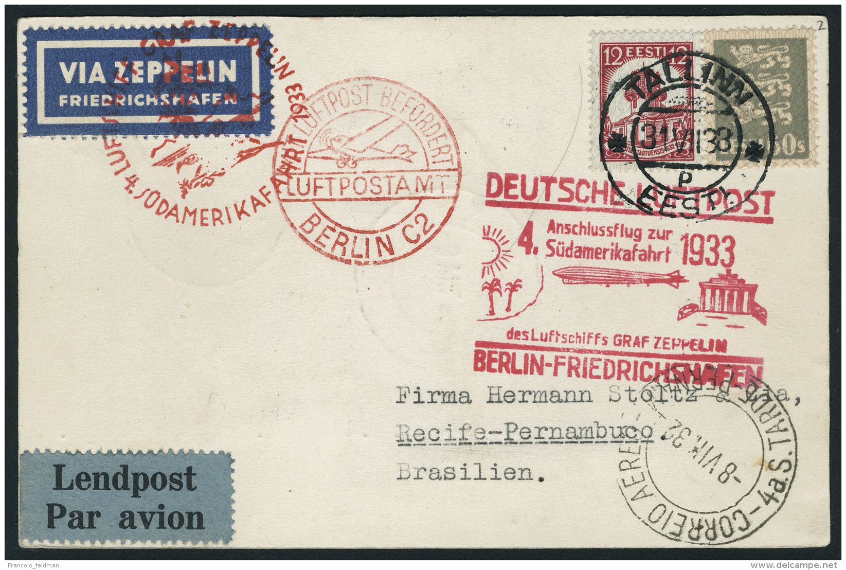 Lettre Zeppelin 4 SAF 1933, CP C&agrave;d Tallinn 31.VII.33, C&agrave;d De Transit Berlin 1.8.33, Cachet... - Other & Unclassified