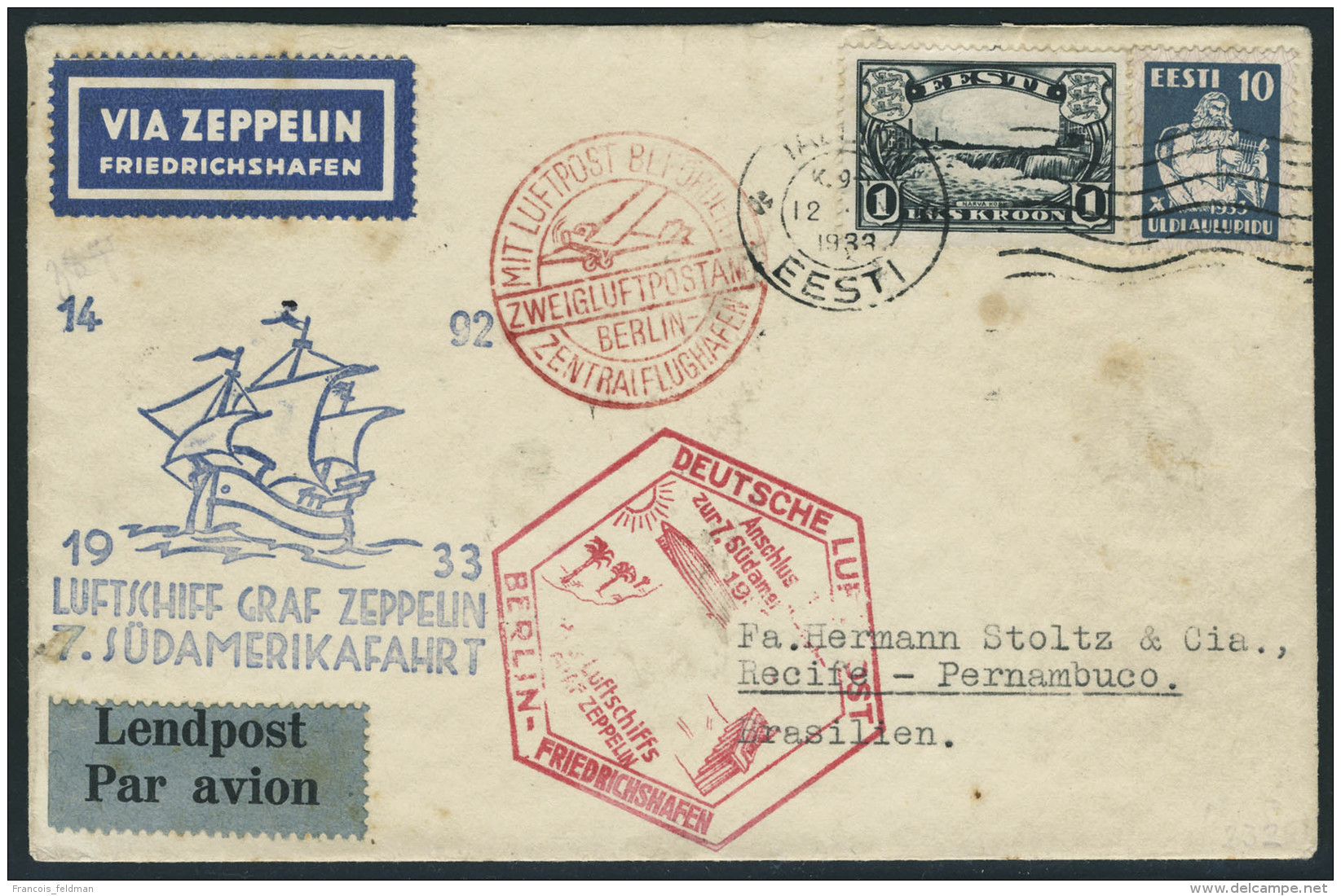 Lettre Zeppelin 7 SAF 1933, L. C&agrave;d Tallinn 12.IX.33, C&agrave;d De Transit Berlin 12.9.33 Pour Recife... - Sonstige & Ohne Zuordnung