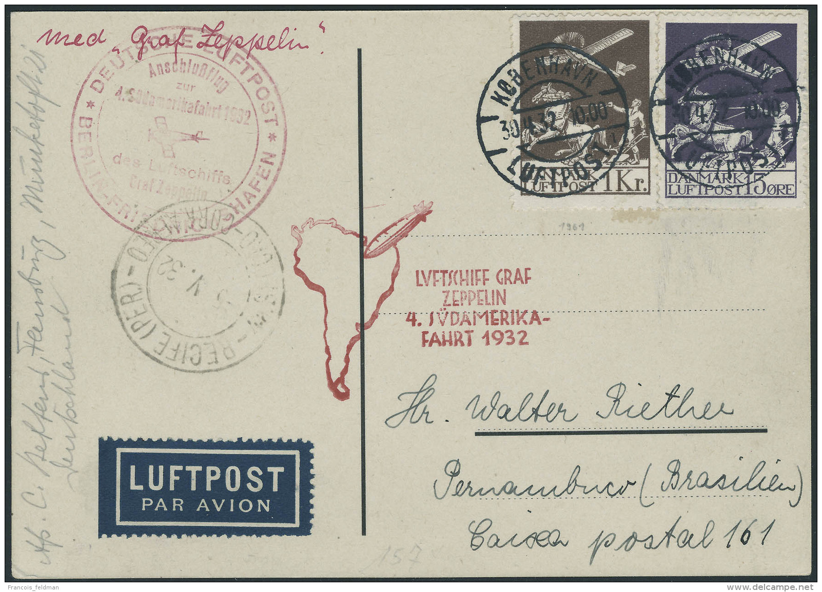 Lettre N&deg; 2 Et 5 Sur CP, Zeppelin 4SAF 1932, C&agrave;d Kobenhavn 30.4.32 Pour Pernambuco, Cachet Rouge... - Autres & Non Classés