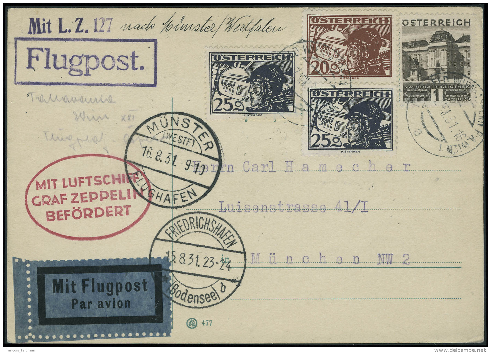 Lettre N&deg;20 + 21x2 + T.P. N&deg;388 S/C.P. Zeppelin Vol Friedrichshafen-M&uuml;nster. C&agrave;D Wien 7.VIII.31... - Other & Unclassified