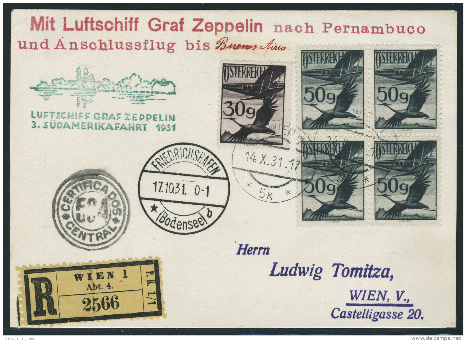 Lettre Zeppelin 3 SAF 1931, LR De Wien 14.X.31, C&agrave;d De Transit Friedrichshafen 17.10.31 Et Au Verso Buenos... - Autres & Non Classés